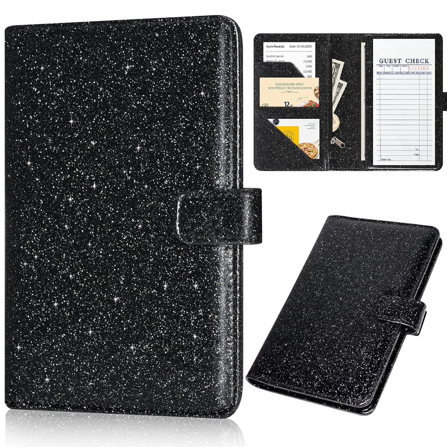 Server Book for Waitress - Leather Waiter Book Server Wallet with Zipper Pocket, Cute Serving Book&Server Note Pads Holder with Magnetic Closure, Glitter Black