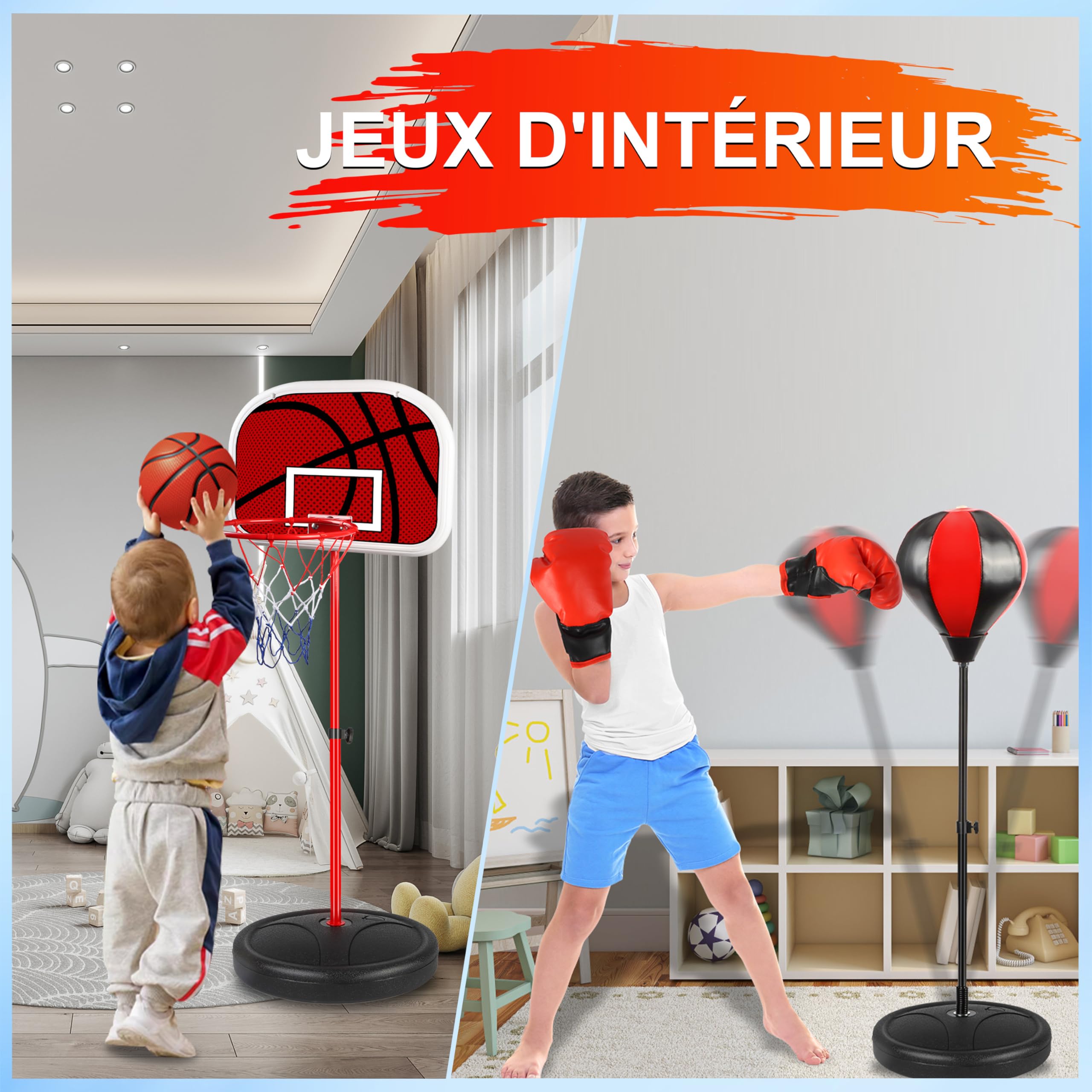 Aragallant Panier De Basket pour Enfants, Panier De Basket Réglable en Hauteur, Sac de Boxe Debout, 2 en 1 Jouet de Sport pour Extérieur Intérieur, Cadeaux pour Garçons et Filles pour 4 à 12 Ans
