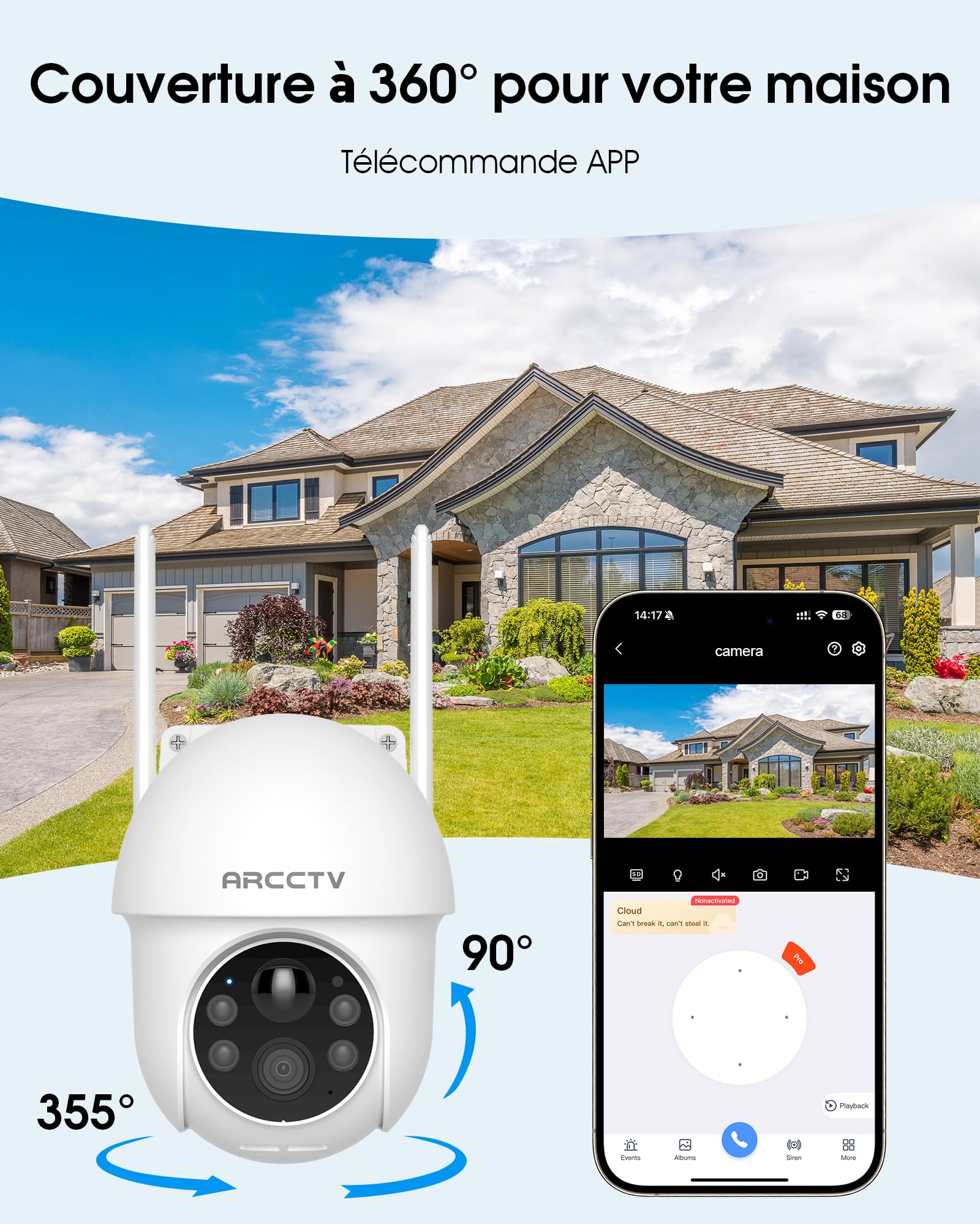 ARCCTV 4MP Caméra Surveillance WiFi Exterieure sans Fil Solaire(Blanc 2pcs) | 2.5K 4MP, PTZ 360°, Wi-Fi 2.4/5GHz, Détection PIR, Vision Nocturne Couleur, Audio Bidirectionnel, Panneau Solaire, Alexa,IP65