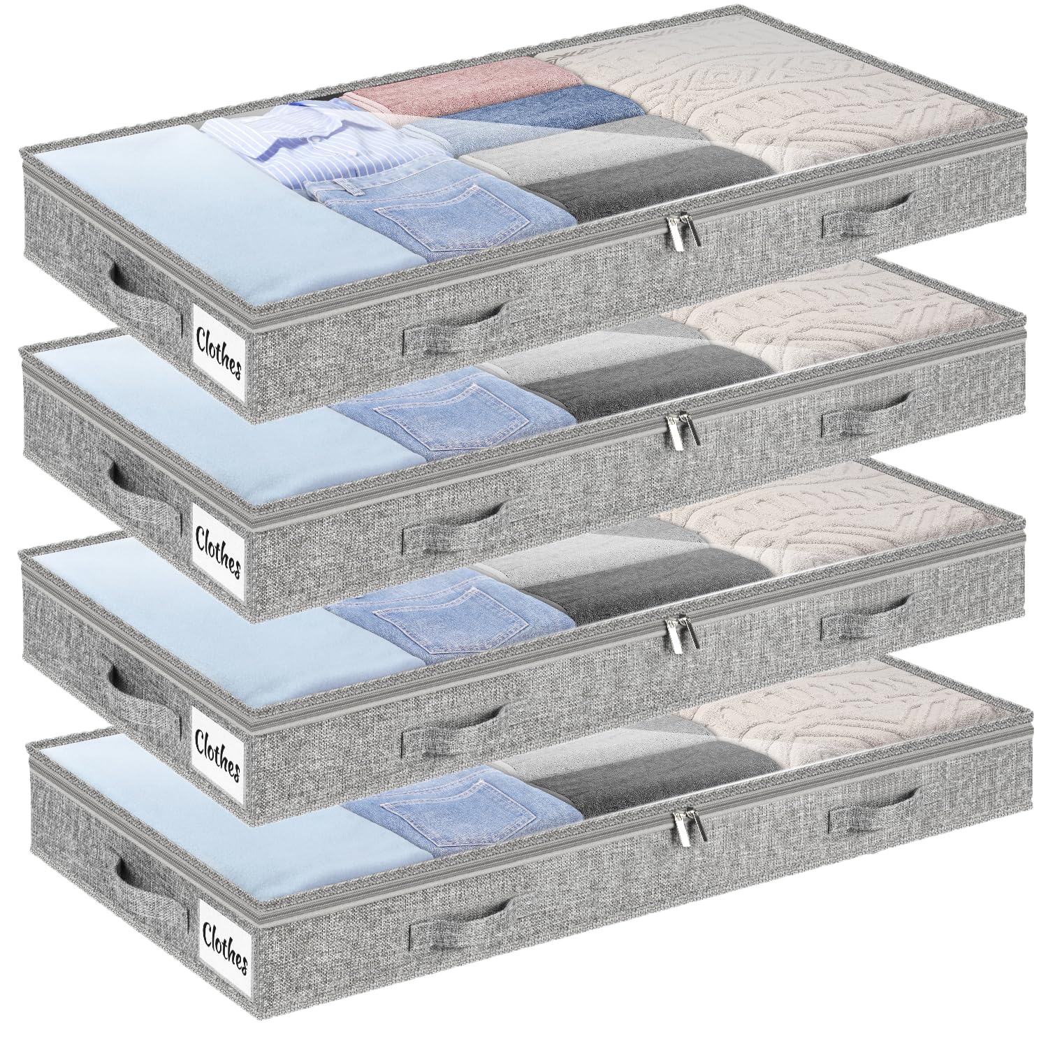Unterbett Aufbewahrungsbox Unterbettkommode und klarem Deckel, 10cm hoch Kleideraufbewahrung & Organisation aus langlebigem Material, ohne feste Struktur, 4 Griffen & 2 Reißverschluss, Faltbar