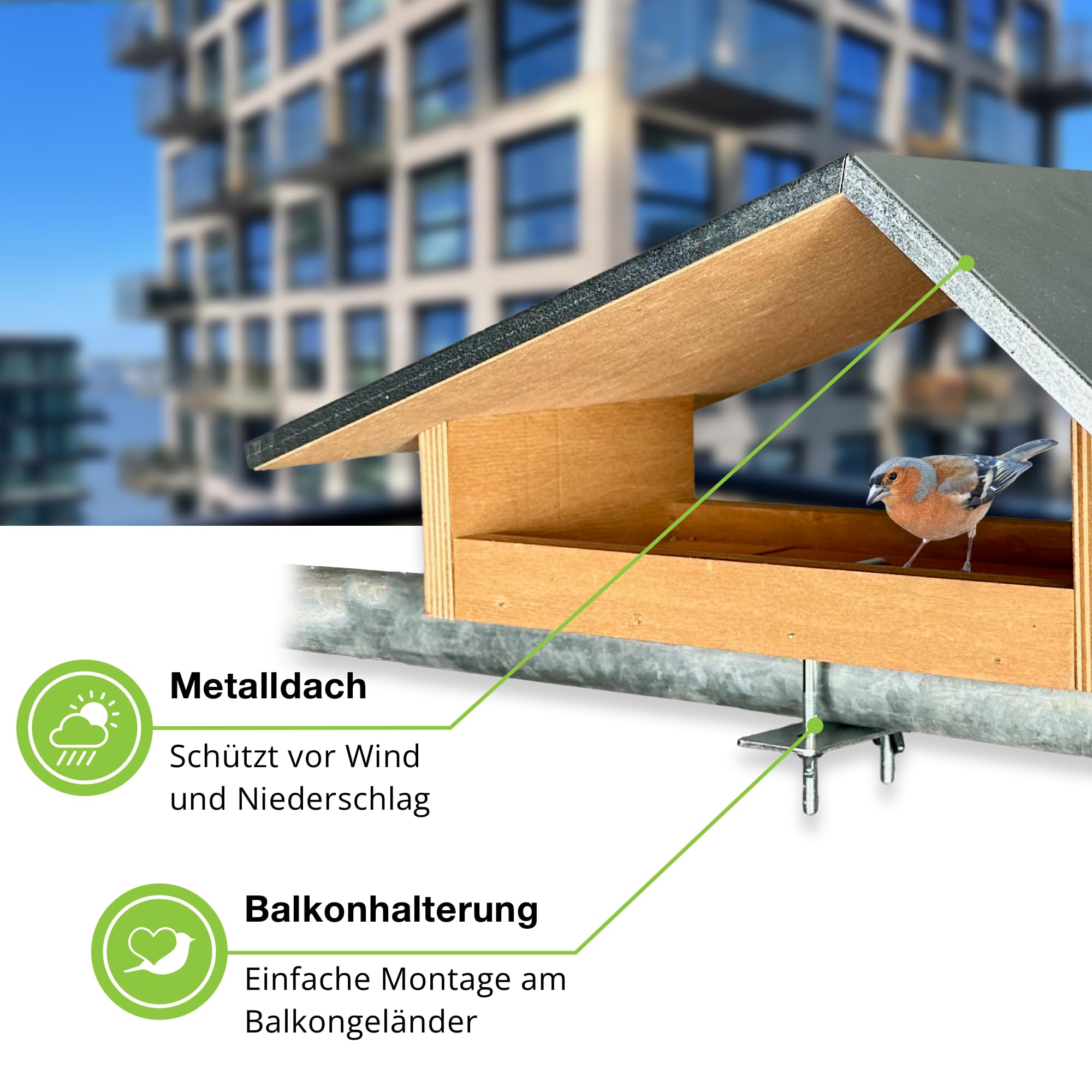 GARTENETAGE Balkon-Futterstelle aus wetterfestem Naturholz, Metalldach, einfache Montage, robuste Befestigung – Ideales Vogelhaus für den Balkon, modernes Design, exklusiv