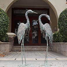 Westcharm Cast Aluminum Cranes for Yard Garden Sculpture Pair Statue - Upright and Preening Standing Crane Heron Couple Sculpture Set, Bronze