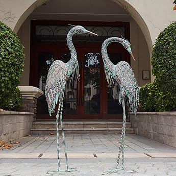 Westcharm Cast Aluminum Cranes for Yard Garden Sculpture Pair Statue - Upright and Preening Standing Crane Heron Couple Sculpture Set, Bronze