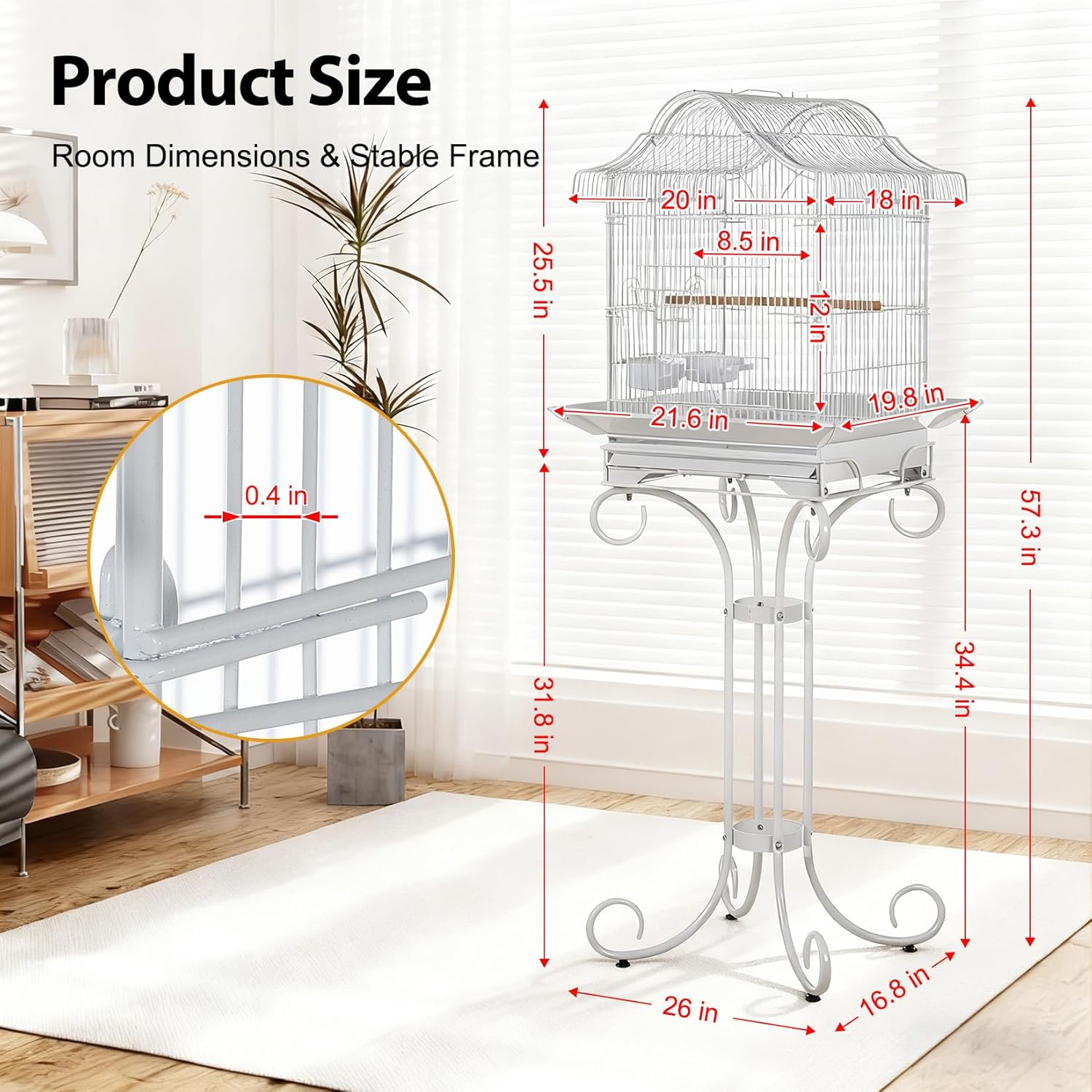 58" Vintage Scrolled Bird Cage - Heavy-Duty Metal with Non-Toxic Coating, Victorian Parrot Cage with Stand, Slide-Out Tray, Perch & Bowls, Bird Aviary for Parakeet, Cockatiel, Finch & Lovebird