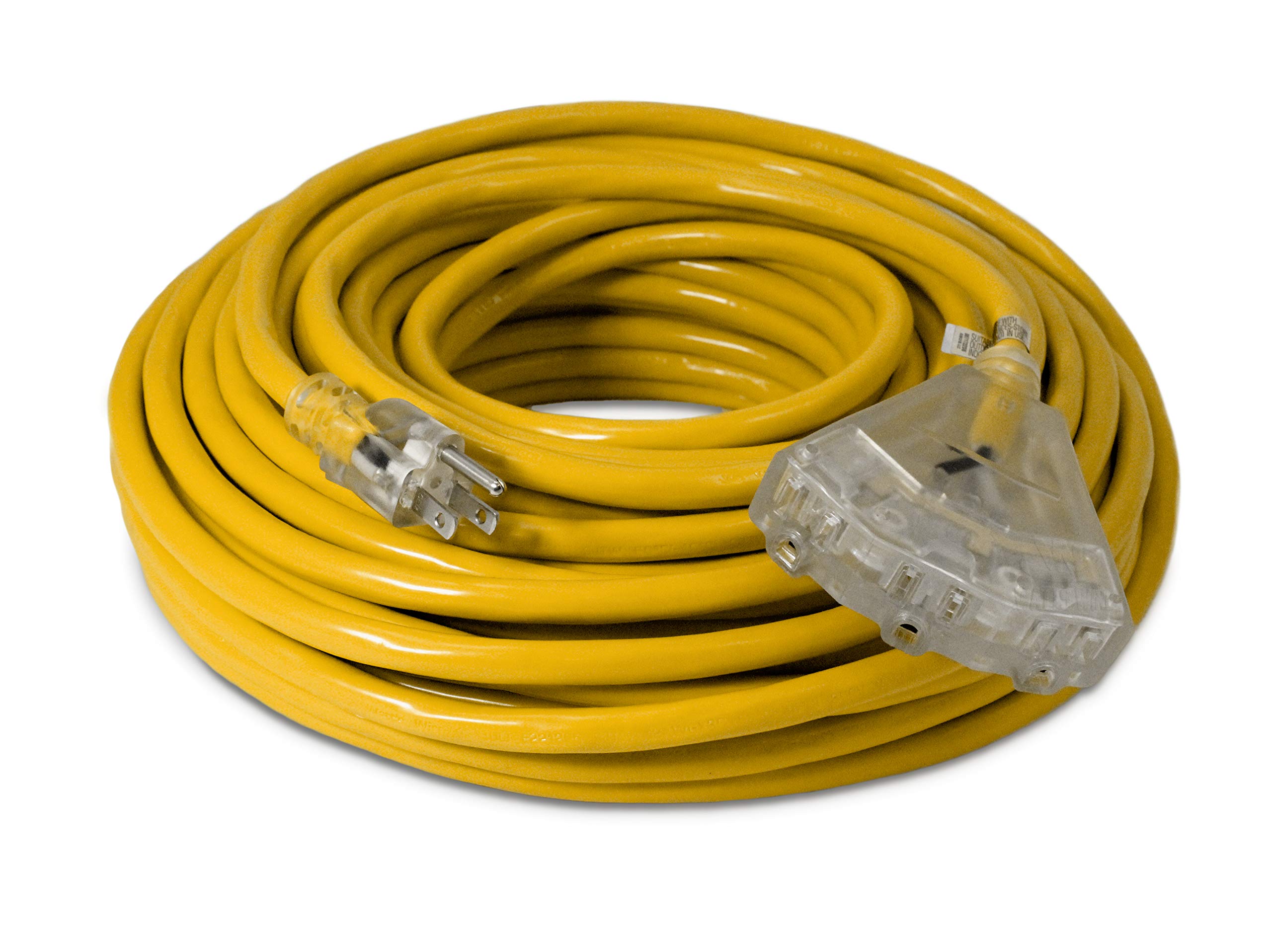 100-ft 12/3 Heavy Duty 3-Outlet Lighted SJTW Indoor/Outdoor Extension Cord by Watt's Wire - Long 100