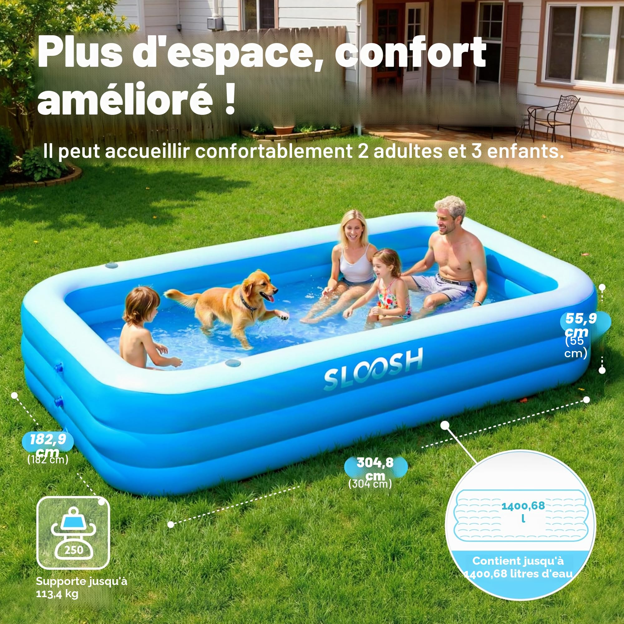 Sloosh Piscine Gonflable avec Sièges, 304,8 x 182,8 x 55,8 cm, Piscine Familiale Hors-Sol, Épaissie et Durable, Idéale pour Les Fêtes Aquatiques d'Été dans Le Jardin, la Cour ou la Pelouse, Bleu