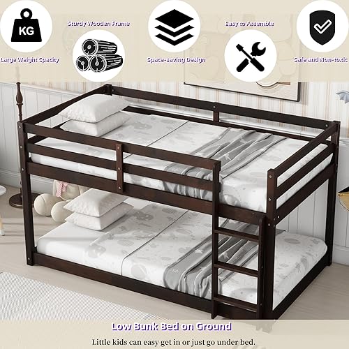 Miniatura 67 de Litera baja individual sobre individual, base de cama de madera maciza con escalera y barandillas de seguridad, literas individuales para niños y