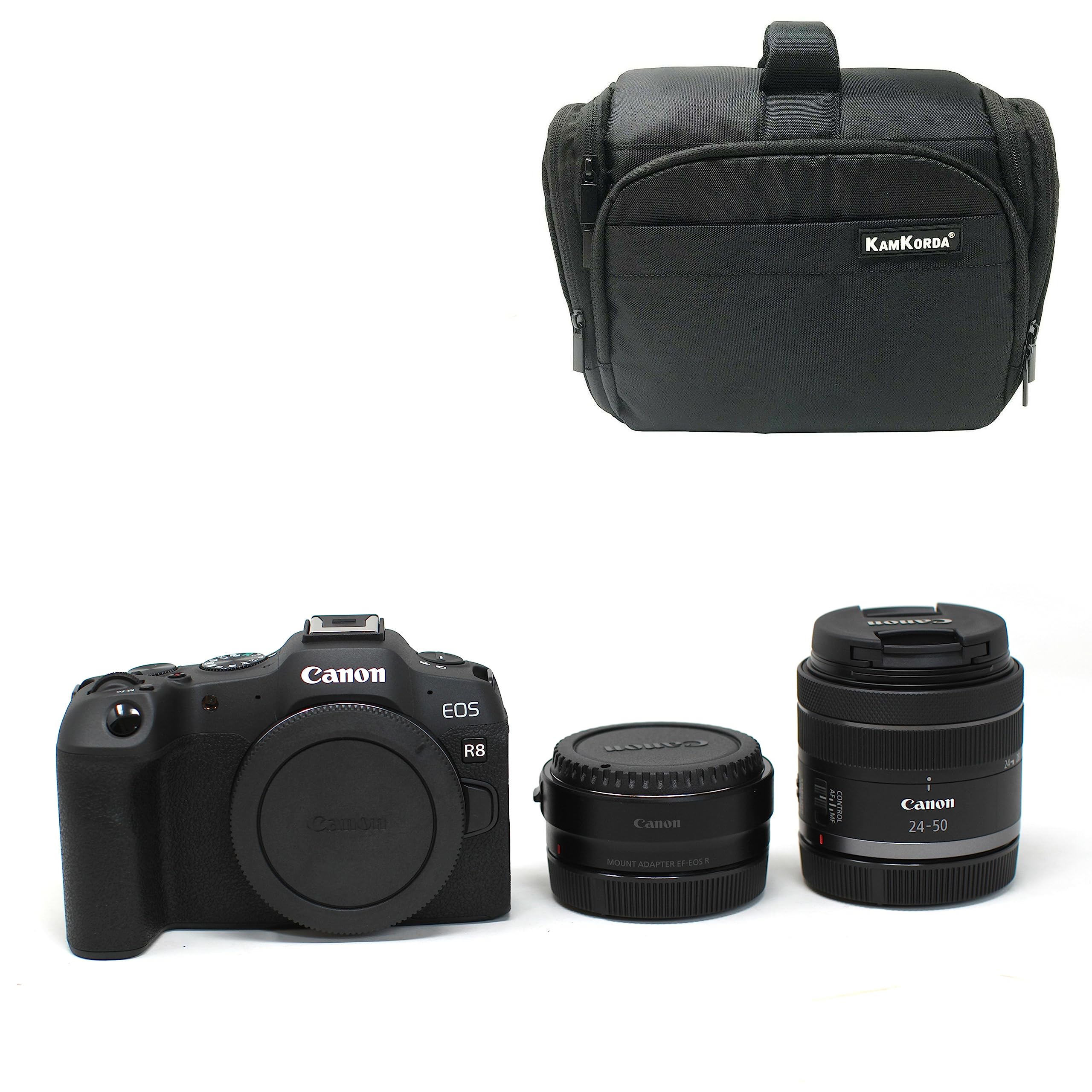 Camera Bag + R8 Mirrorless Digital Camera Body + Adapter + RF 24-50mm f/4.5-6.3 IS STM, 32.5MP APS-C CMOS Sensor, 4K60 10-Bit Video + 2 Year Warranty