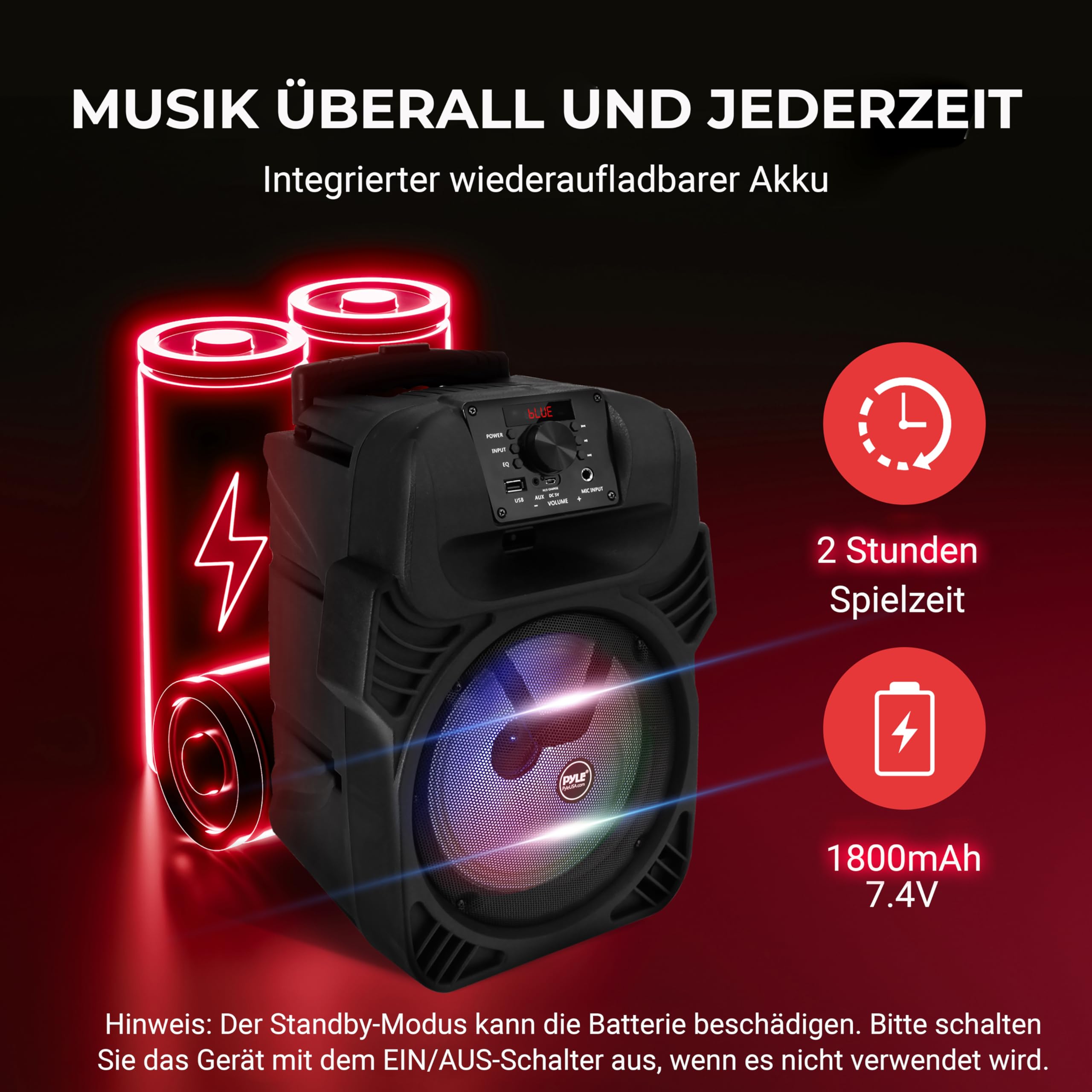 Pyle PA Lautsprecher Bluetooth 400W 8" Subwoofer 4 Ohm 55-20kHz USB MP3 FM-Radio LED Party Lichter Akku Fernbedienung