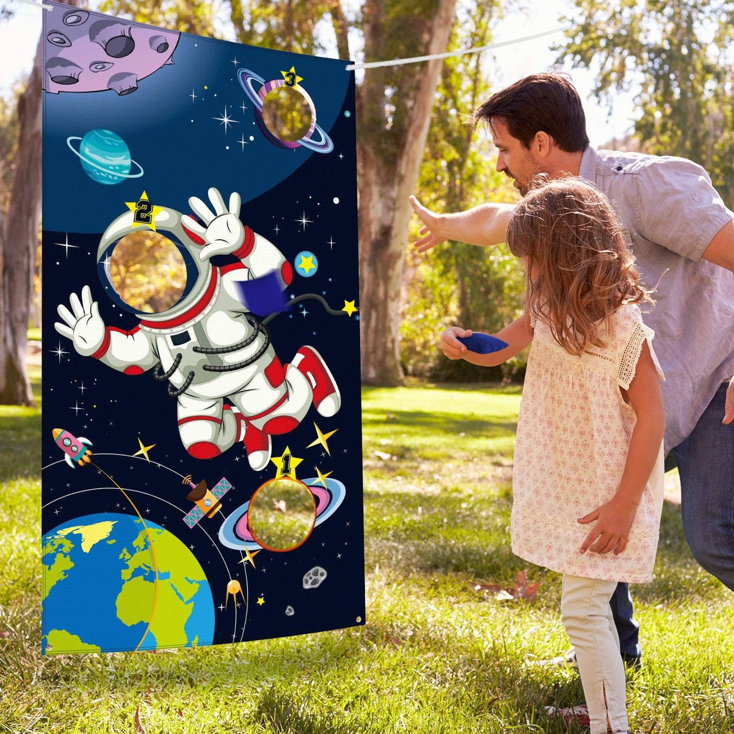 Blulu Space Birthday Party Supplies, Space Game Banner Backdrop Birthday Party Astronaut Toy, Astronaut Toss Games Sets for Kids and Adults in Solar System Party Activities