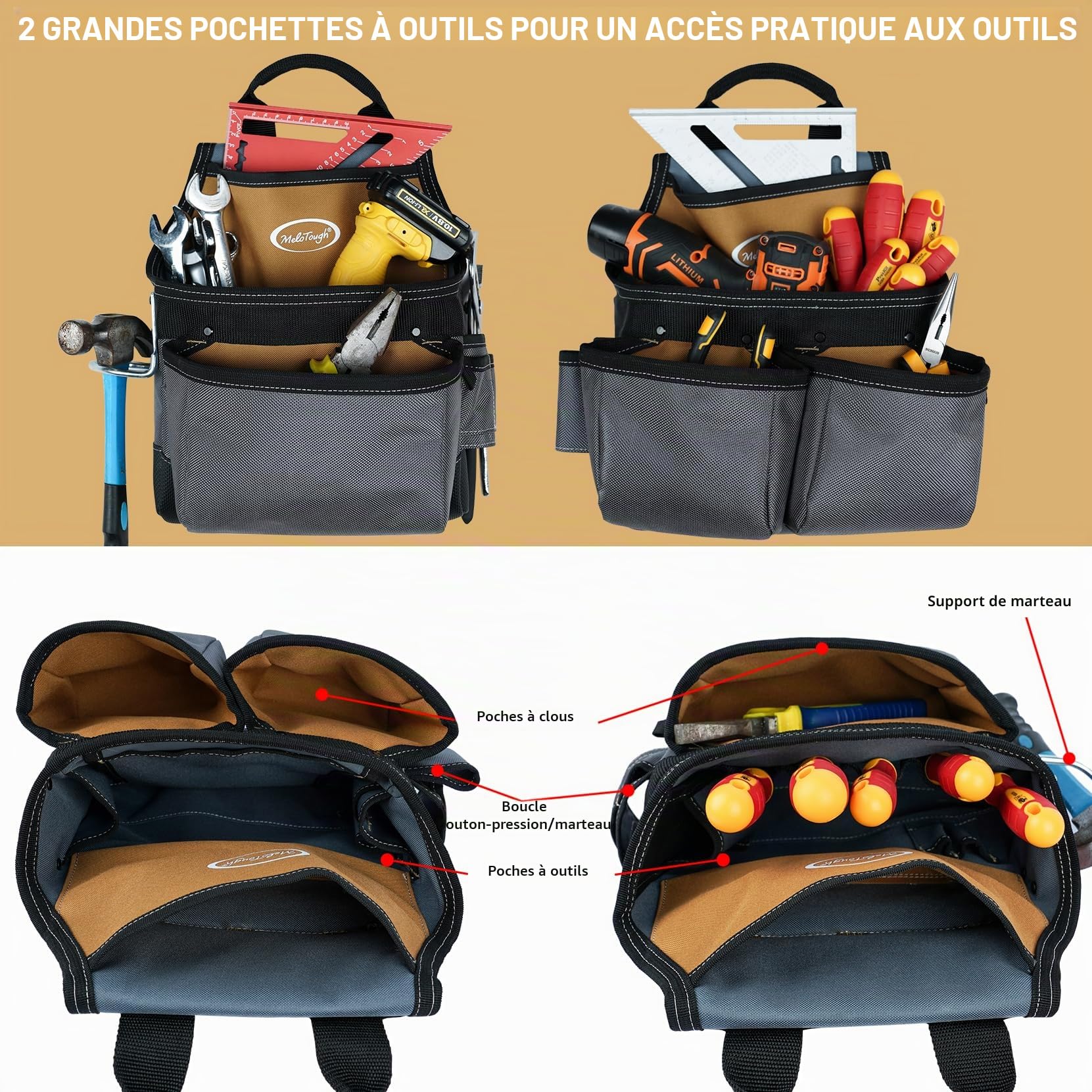 MELOTOUGH Ceinture à Outils Avec Bretelles, Sac et Pochette de Construction, Tablier Pour Charpentier et Électricien, Plate-forme de Suspension Robuste