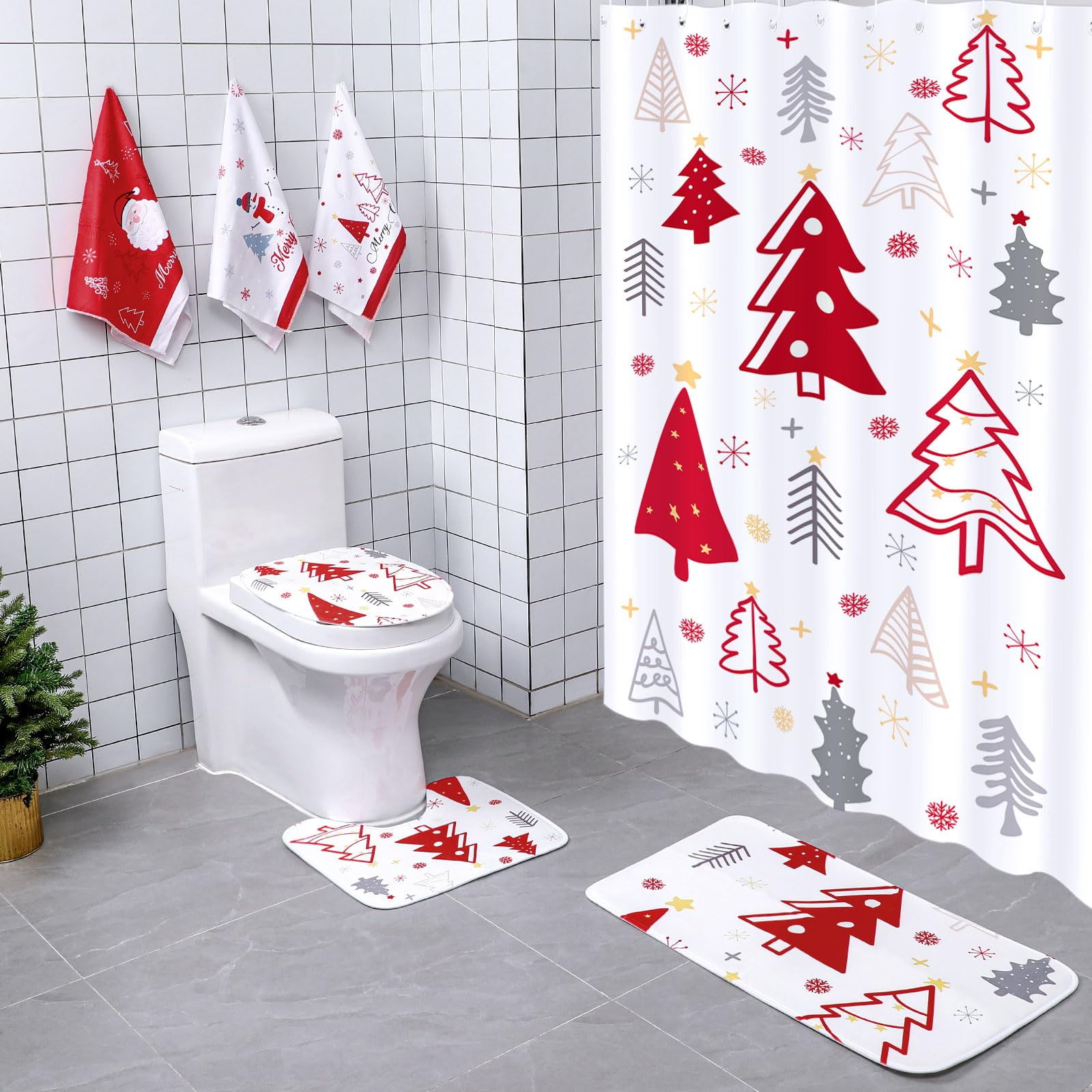 Newwiee 7 Pcs Christmas Shower Curtain Set