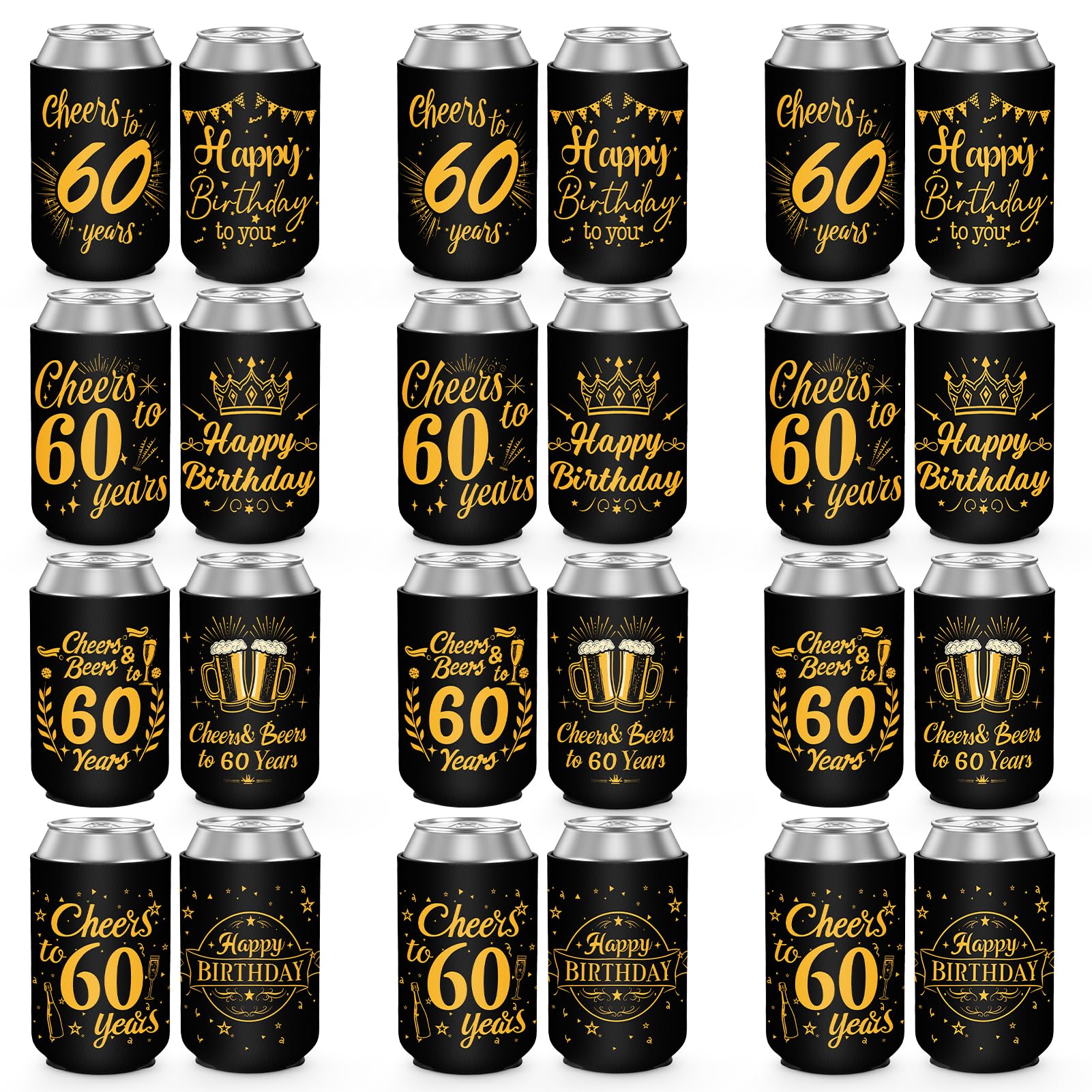 60th Birthday Decorations for Men Women, 60th Birthday Party Supplies, 60th Birthday Neoprene Can Cooler Sleeves Pack of 12, Black Gold Sixty Year Old
