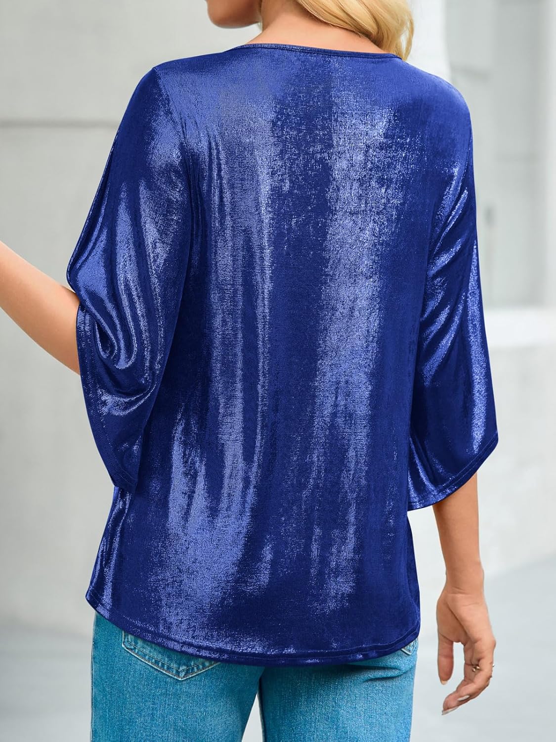 Yousify Womens 3/4 Sleeve Tops Trendy Glitter Sparkly Pleated Blouse Casual Party Crewneck Loose Fit Shirts - Image 6