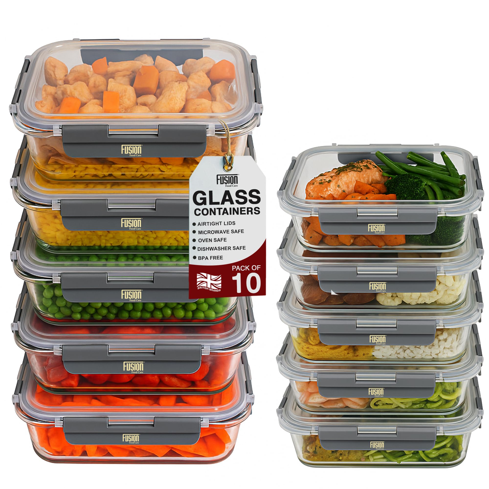 Rackhams Food Storage Containers With Airtight Lids 10 Pack - 5X370ml & 5X1040ml Glass Meal Prep Containers Set Bpa Free Glass Food Container - 5X370 Ml & 5X1040 Ml