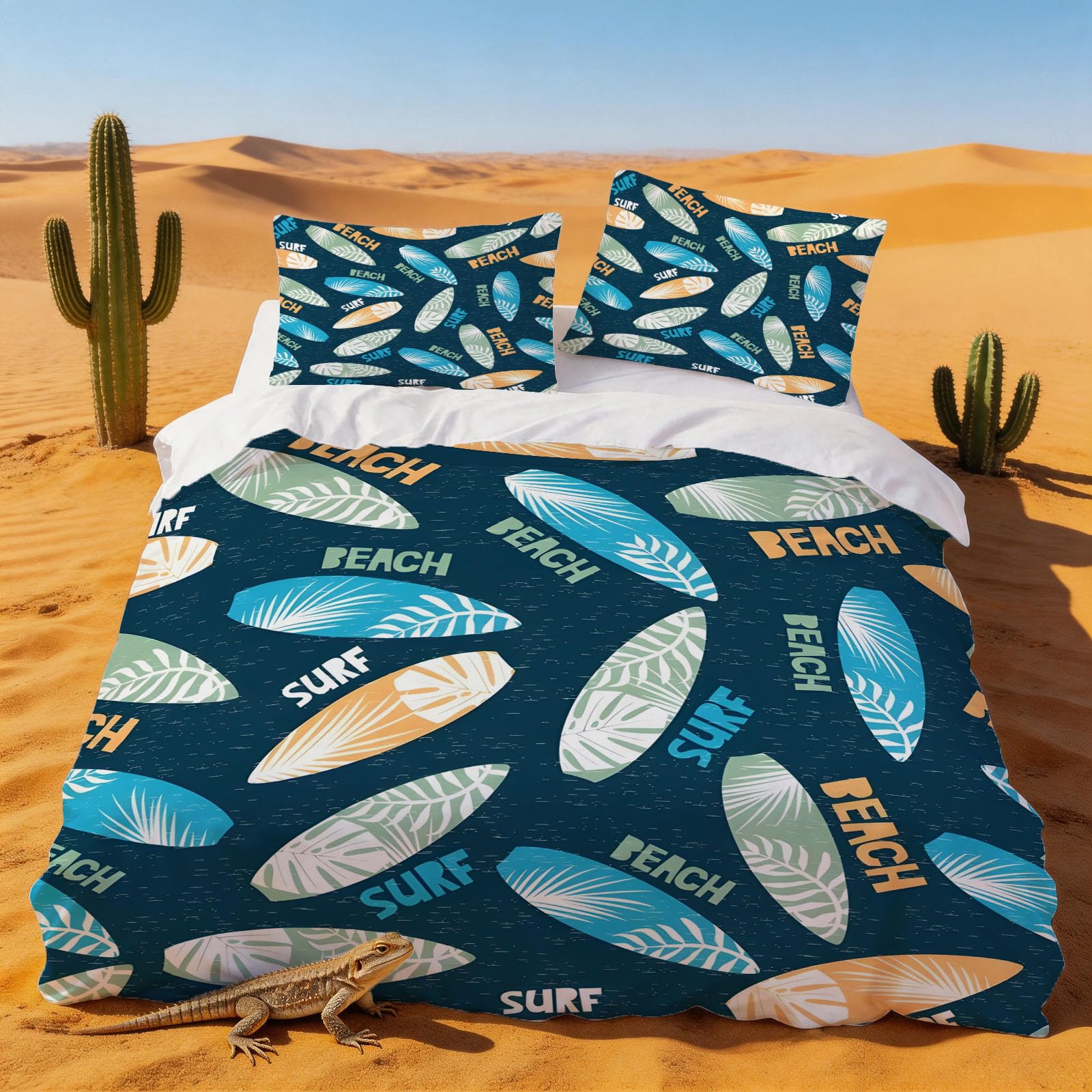 Housse de couette 140x200 surf et sa taie d'oreiller pour lit 1 personne en microfibre