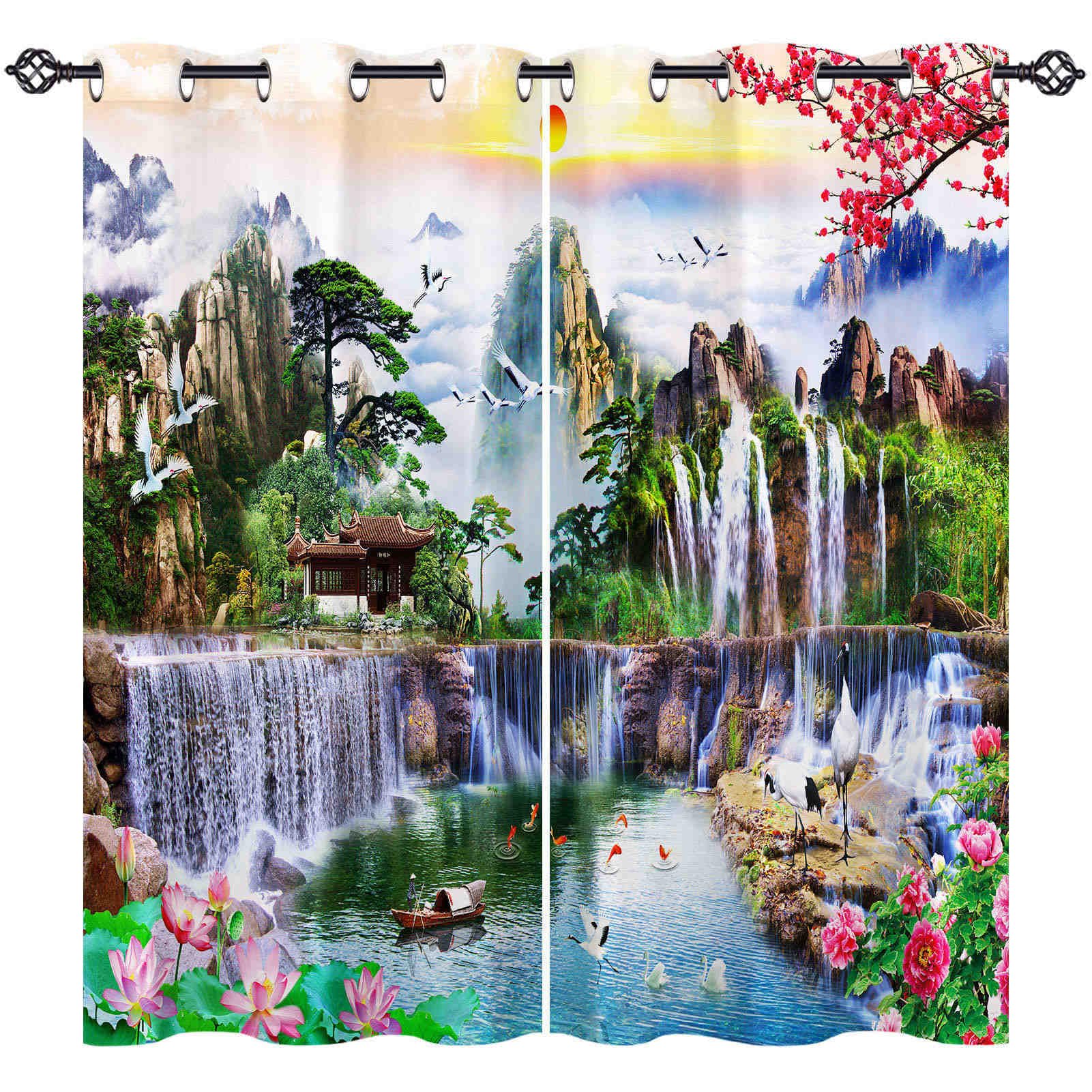 ANHOPE Scenery Curtains Eyelet Blackout Thermal Insulated Curtains Nature Sunset Mountain Waterfall Print Pattern Soft Soundproof Privacy Window Drapes for Bedroom Living Room 42 x 63 Inch 2 Panels — image 1