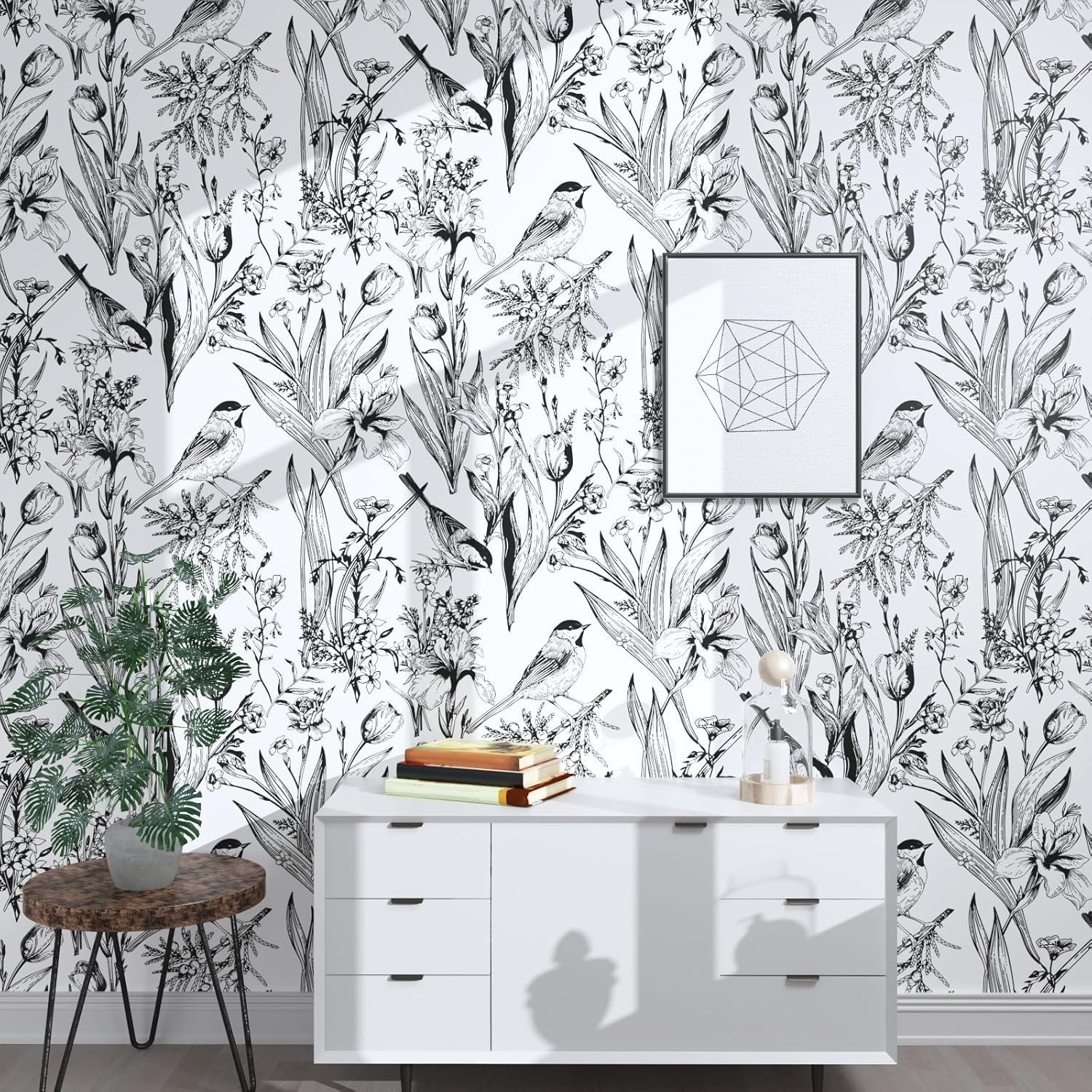 Laatse Bird Wallpaper Peel and Stick Modern Wallpaper 17.5" x 393" Vintage Floral Contact Paper Self Adhesive Wallpaper Leaf Wall Paper for Kitchen Cabinets Walls