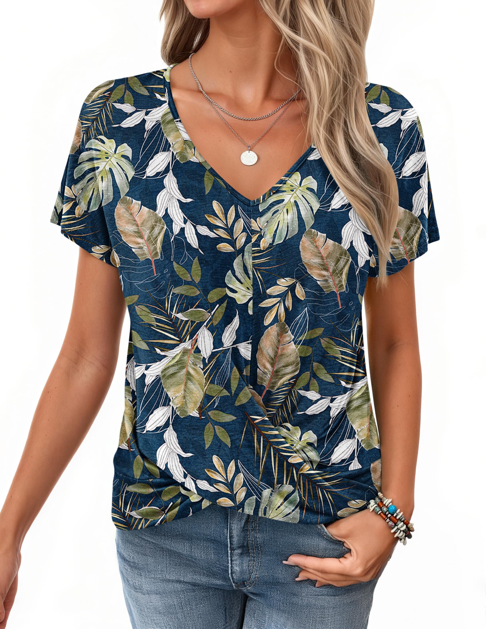 WNEEDU Tshirt Damen Sommer-V Ausschnitt Kurzarm T-Shirt Damen Elegant Twist Front Oberteile Bluse Basic Top lässige