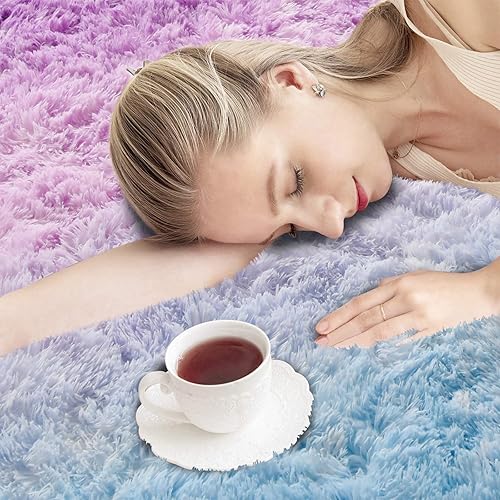 Miniatura 4 de A Nice Night Alfombra de piel sintética lanuda y esponjosa, con estampado de estrellas y purpurina de teñido anudado azul y morado, suave, lujosa