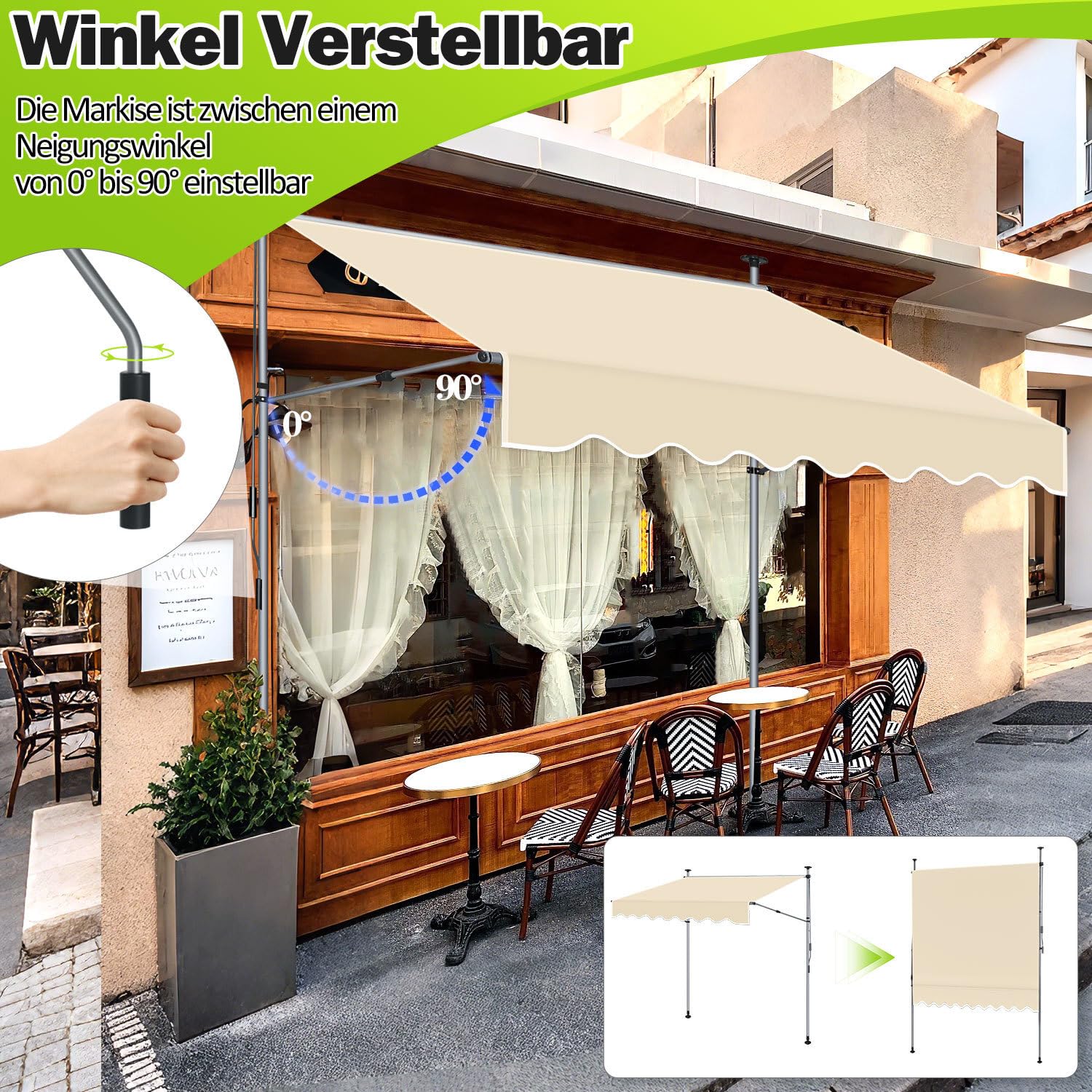 ISOISL Klemmmarkise 400 cm breit, Markise Balkon ohne Bohren Handkurbel & Seitenstangen verstellbar, Höhenverstellbar, UV-beständig Sonnenschutz für Terrasse Balkon Veranda, Beige