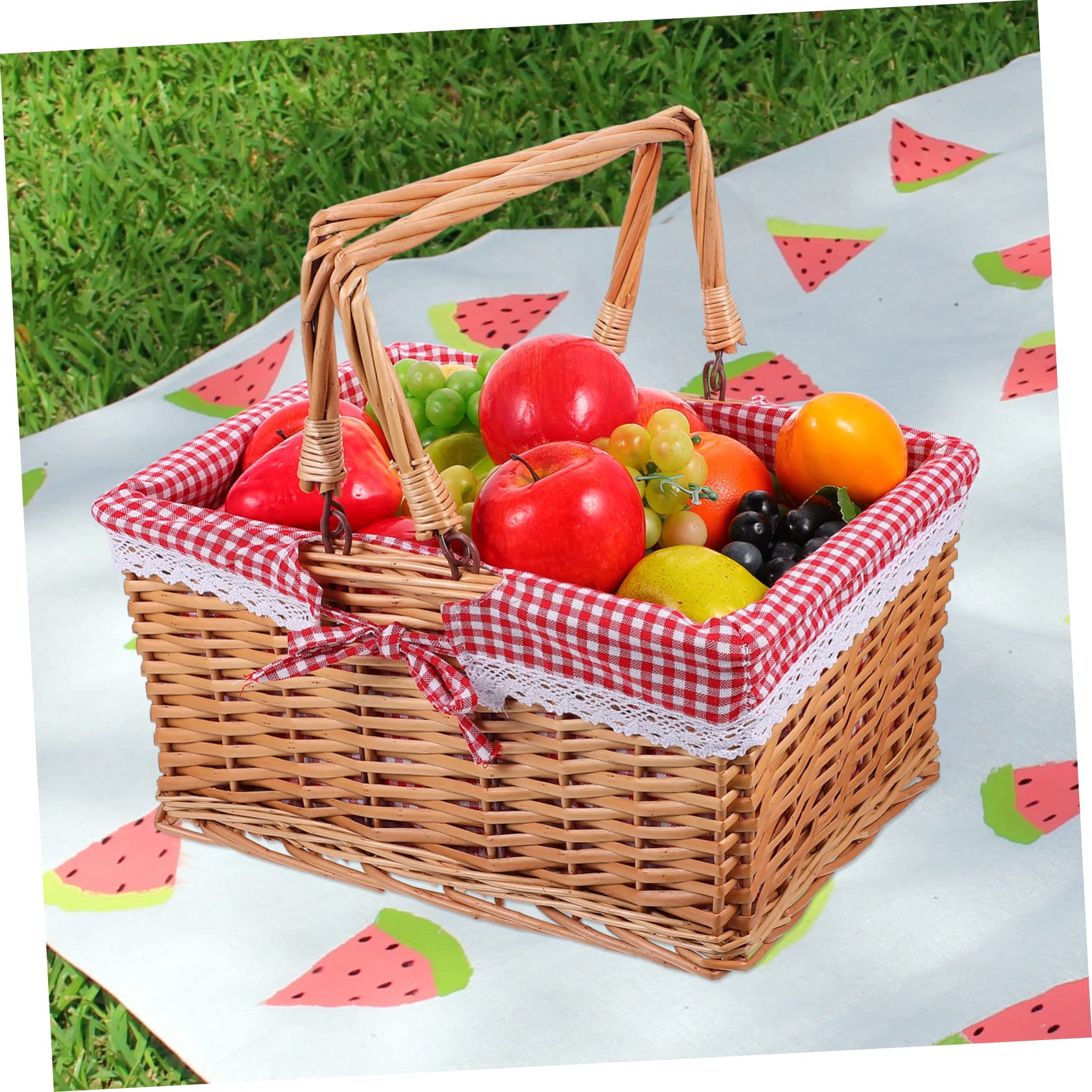Cabilock Cesta De Mimbre para Almacenamiento Cesta De Picnic con Asas Tejida De Mimbre Forro De Tela