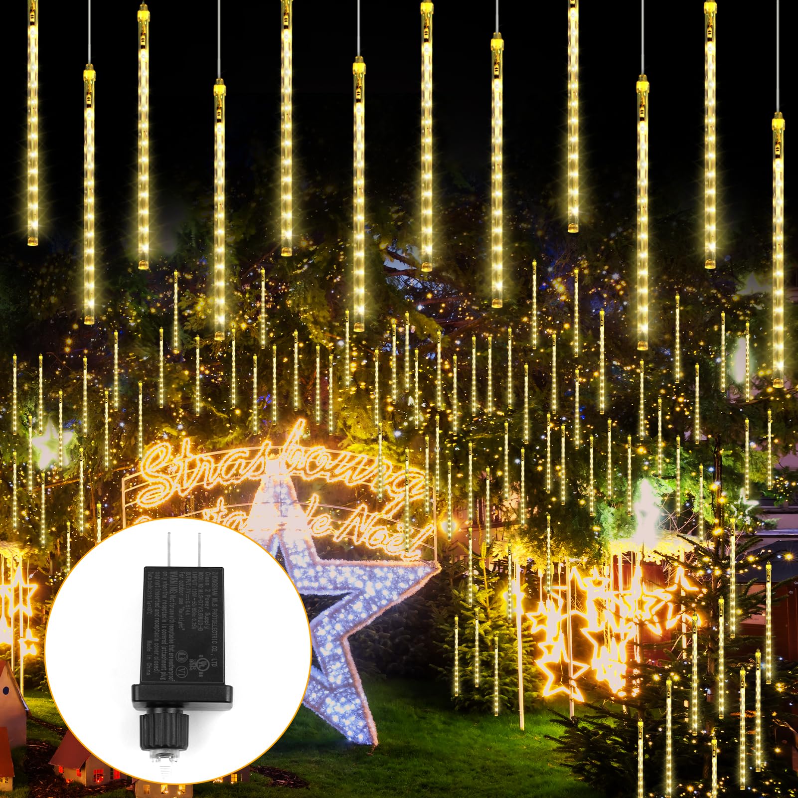 Meteors Shower Lights, 192 LED Falling Rain Lights 8 Tubes 11.8 Inch Waterproof Christmas Plug in Snowfall LED Outdoor for Tree Party Garden Yard Holiday Christmas Decoration, Warm