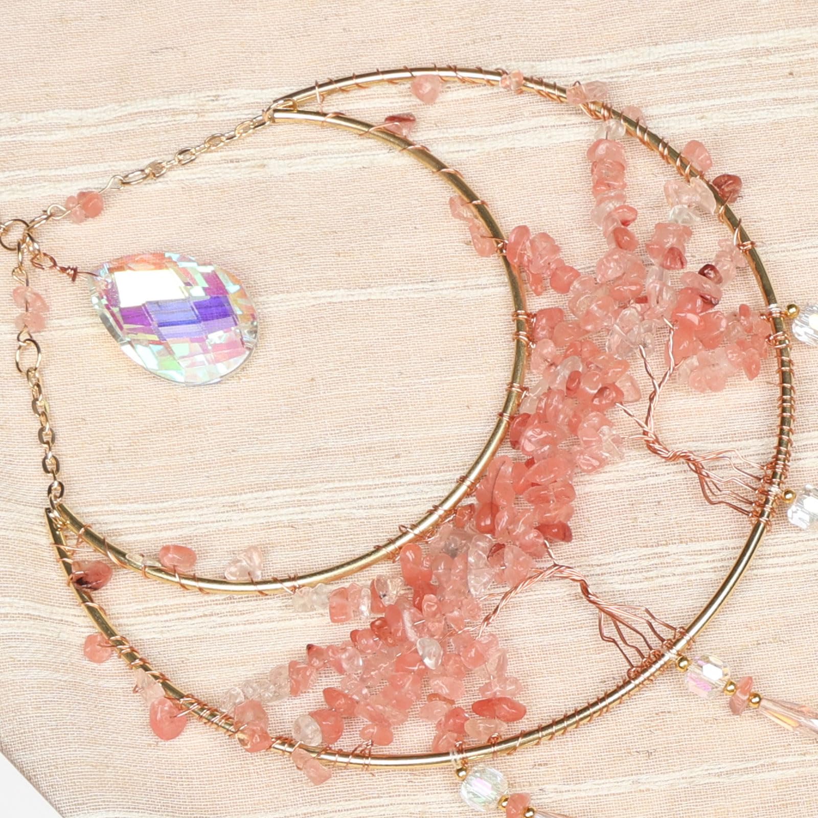 Acchiappasogni a forma di luna grande, con pietre preziose rosa, albero della vita, con cristalli e ciondolo in vetro prismatico, realizzato a mano, decorazione da parete per adulti, camera da letto