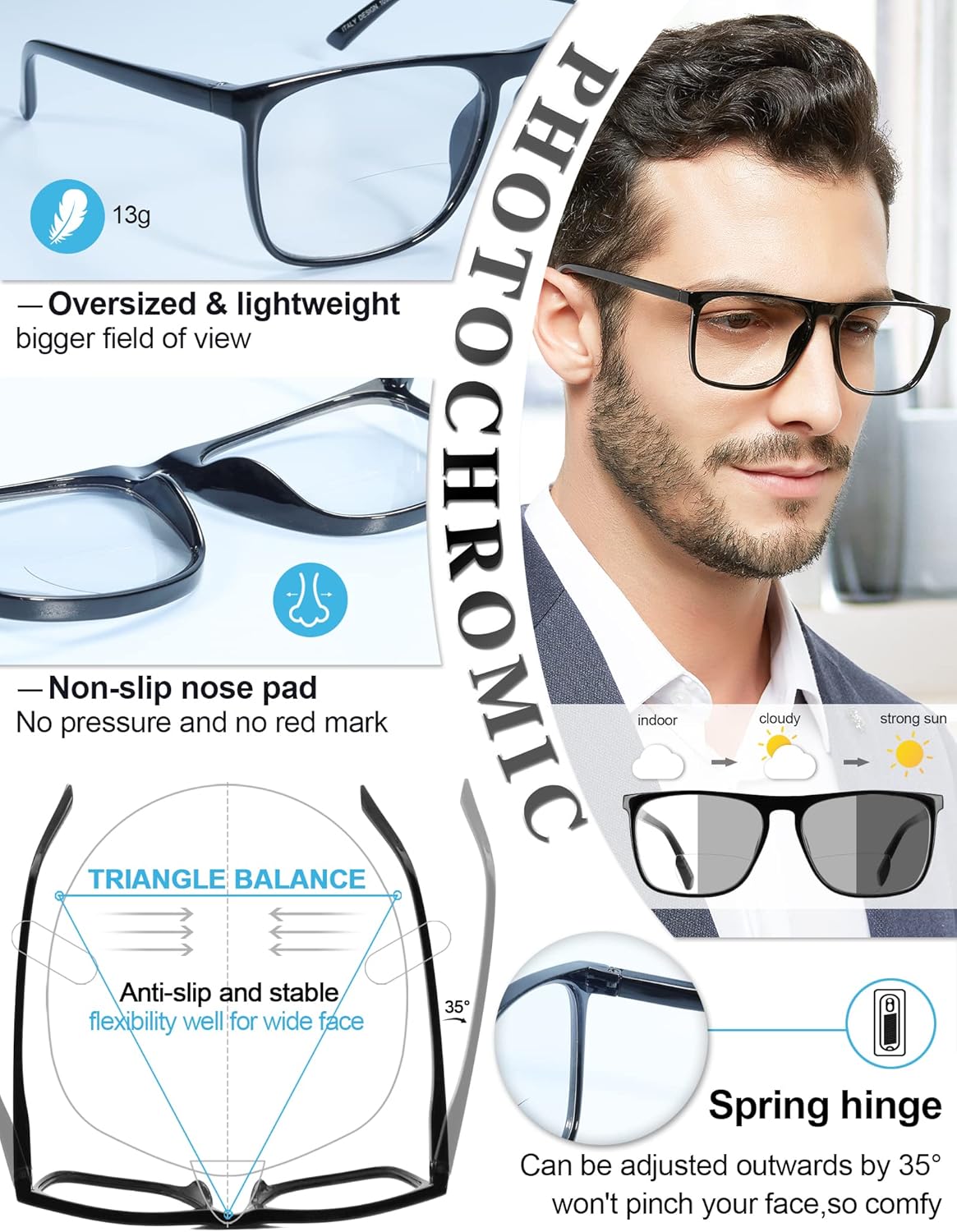 MARE AZZURO Photochromic Bifocal Reading Glasses Men Blue Light Blocking Readers Sunglasses 1.0 1.5 2.0 2.5 3.0 3.5 4.0 - Image 5