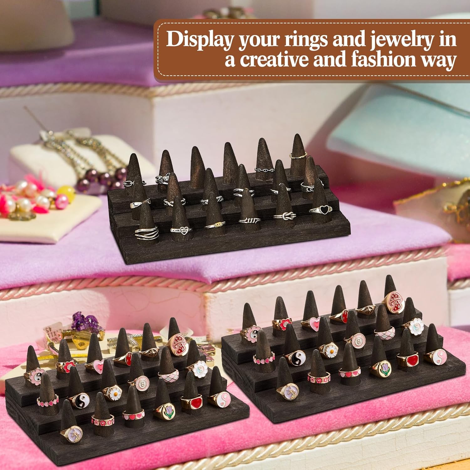Juexica 4 Pcs Wood Ring Display 18 Fingers Wood Ring Holder Jewelry Finger Display for Selling Wooden Jewelry for Accessories Organizer Show Storage(Gray Black)