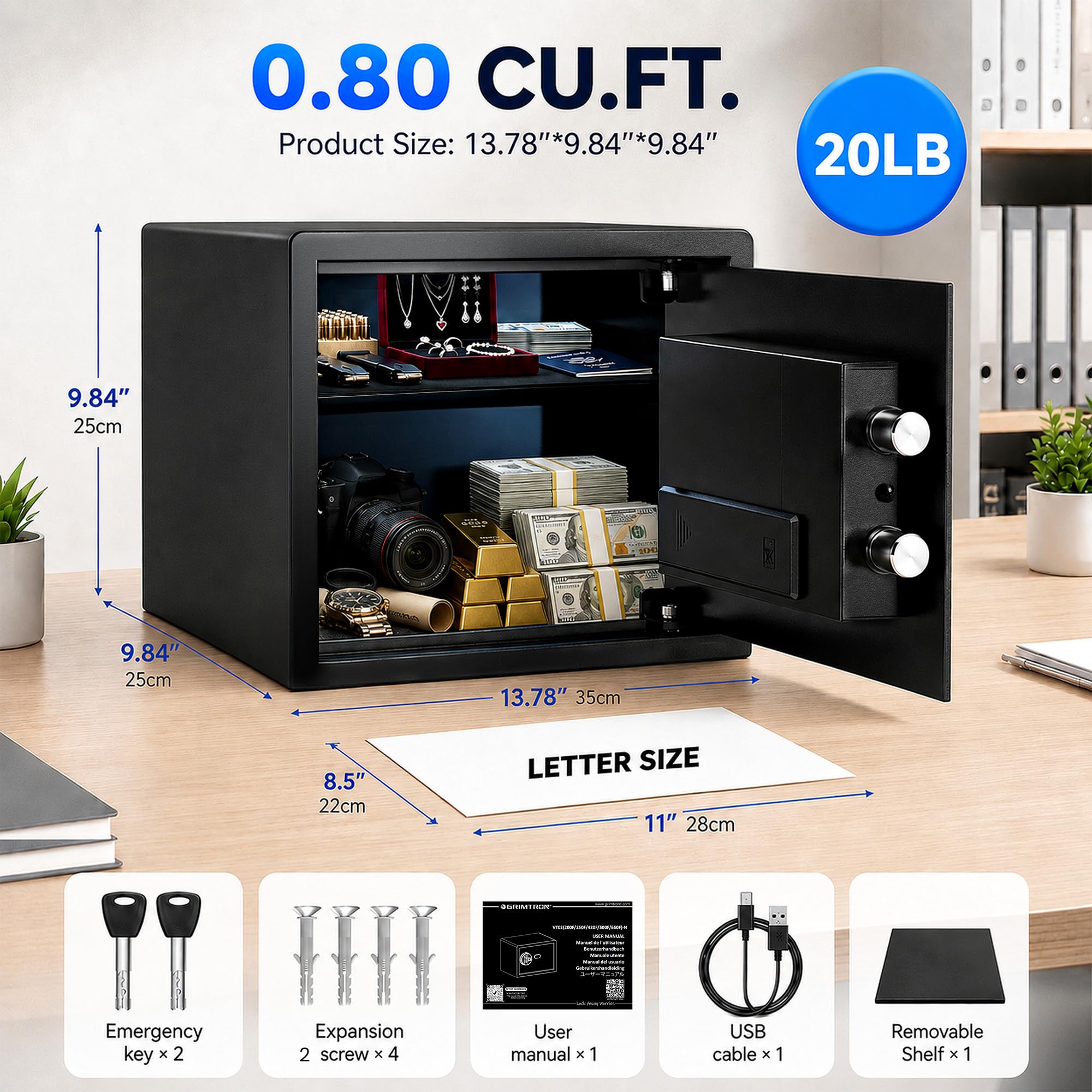 Grimtron Cassaforte biometrica intelligente con blocco delle impronte digitali, modalità silenziosa, tastiera retroilluminata e luce LED, piccola Caja Fuerte regali per uomini e donne (9,84 "H x 9,84