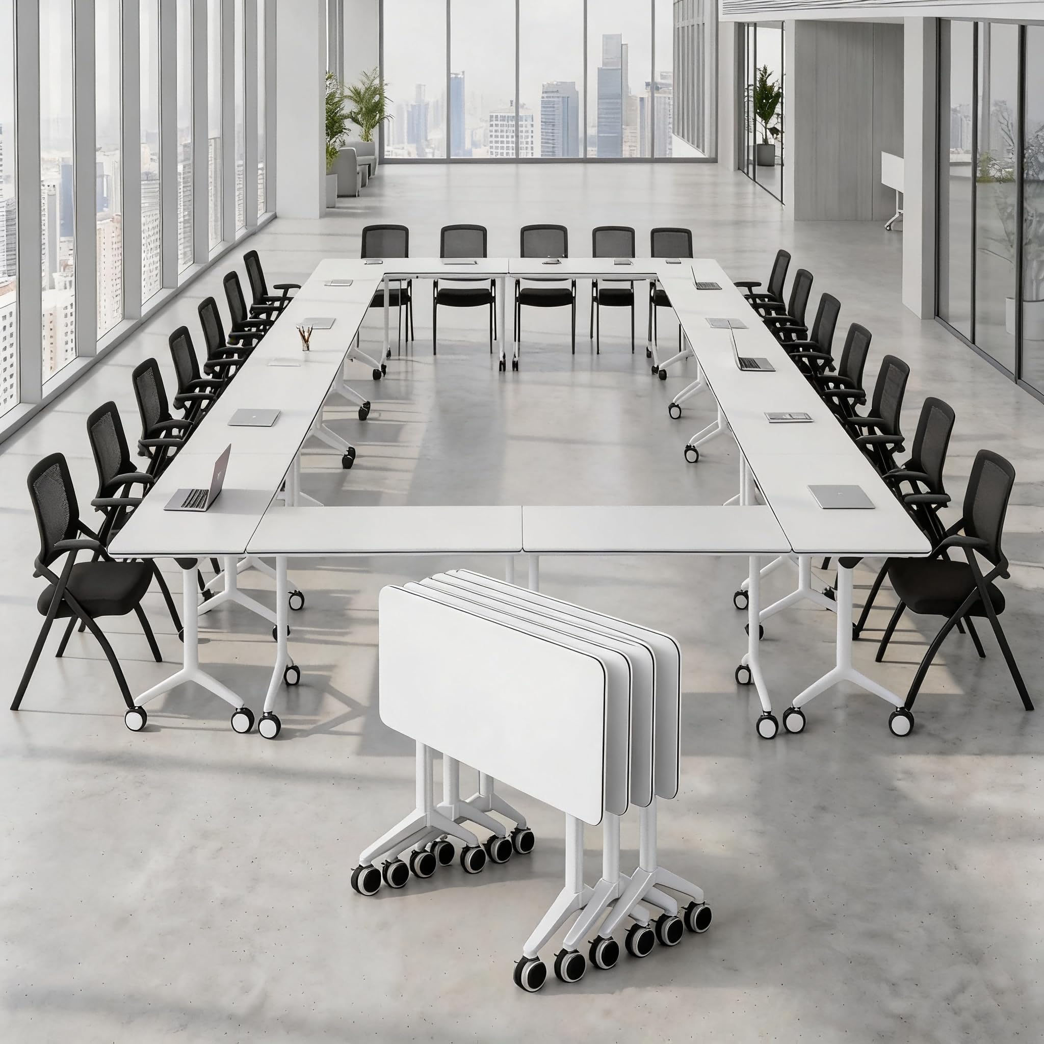 Folding Conference Table with Wheels, Mobile Flip-Top Training Table, Modular Space-Saving Meeting Table for Office, Classroom, Seminar, Library,White,47IN,30