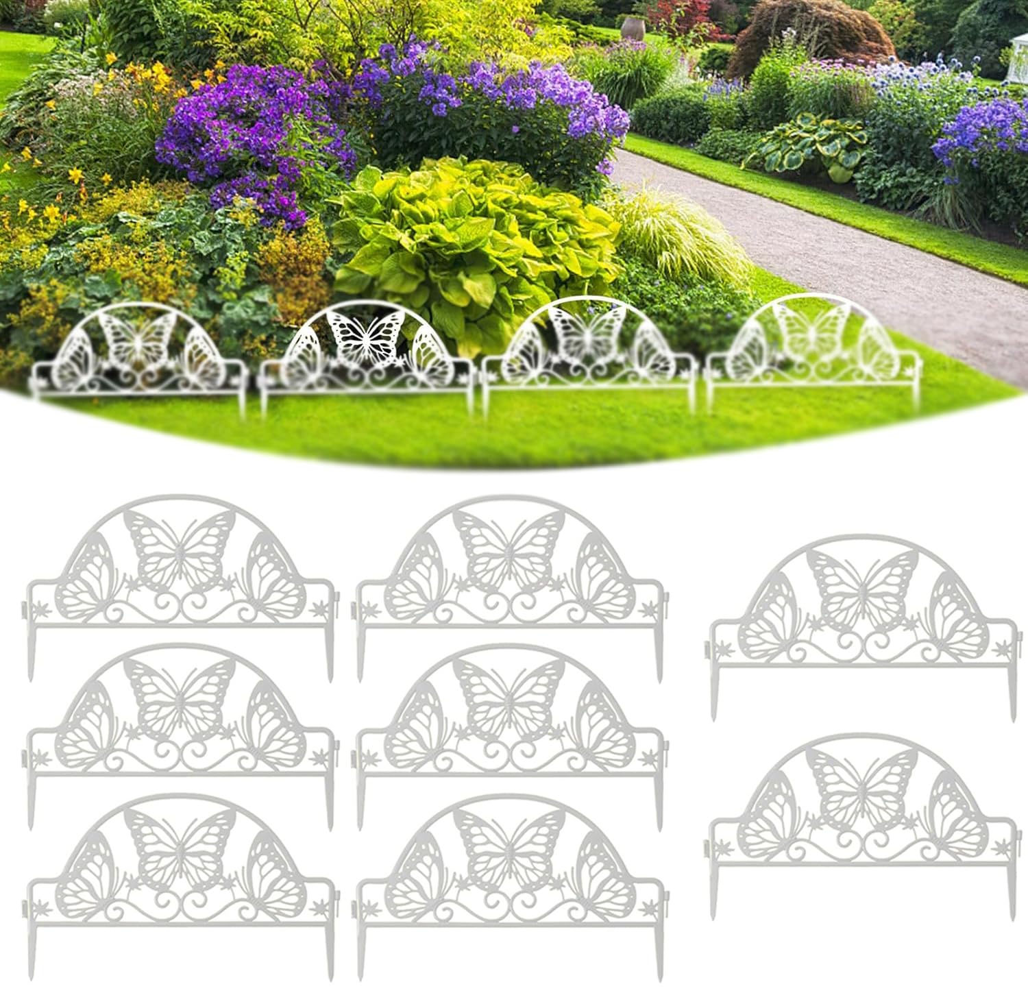 8pcs Plastic Edgings Garden Picket Fence,148 Inch Long Grass Flowerbeds Plant Borders,Decorative Scenery Road Panels,Weather Proof Plastic Garden Fence. (White)