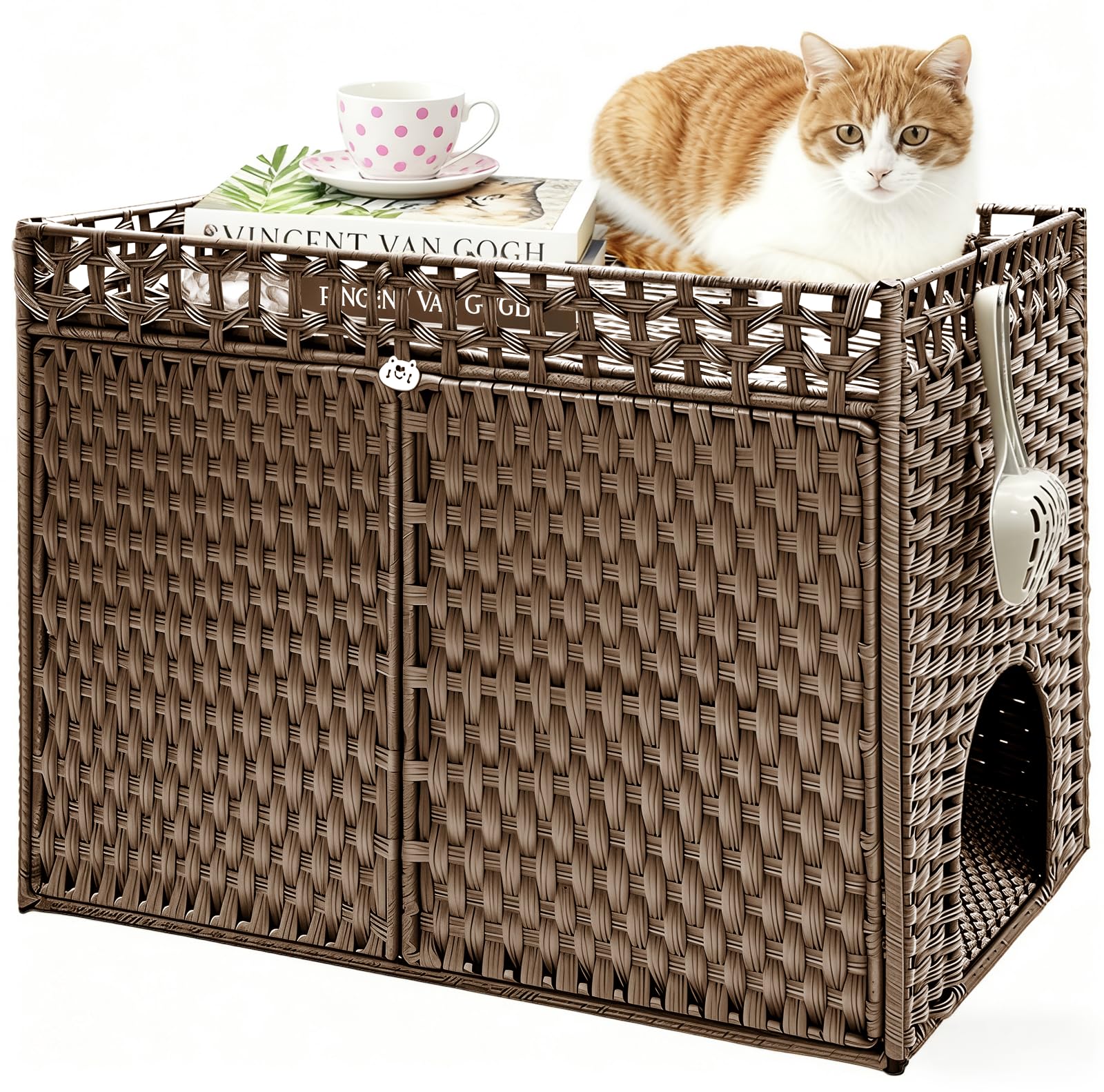Homegroove Cat Litter Box Enclosure Furniture, Hidden Litter Box with Soft Mat and Fence, Comfortable Handwoven Rattan Cat House with S-Shaped Hooks for Living Room, Bedroom (Dark Brown)