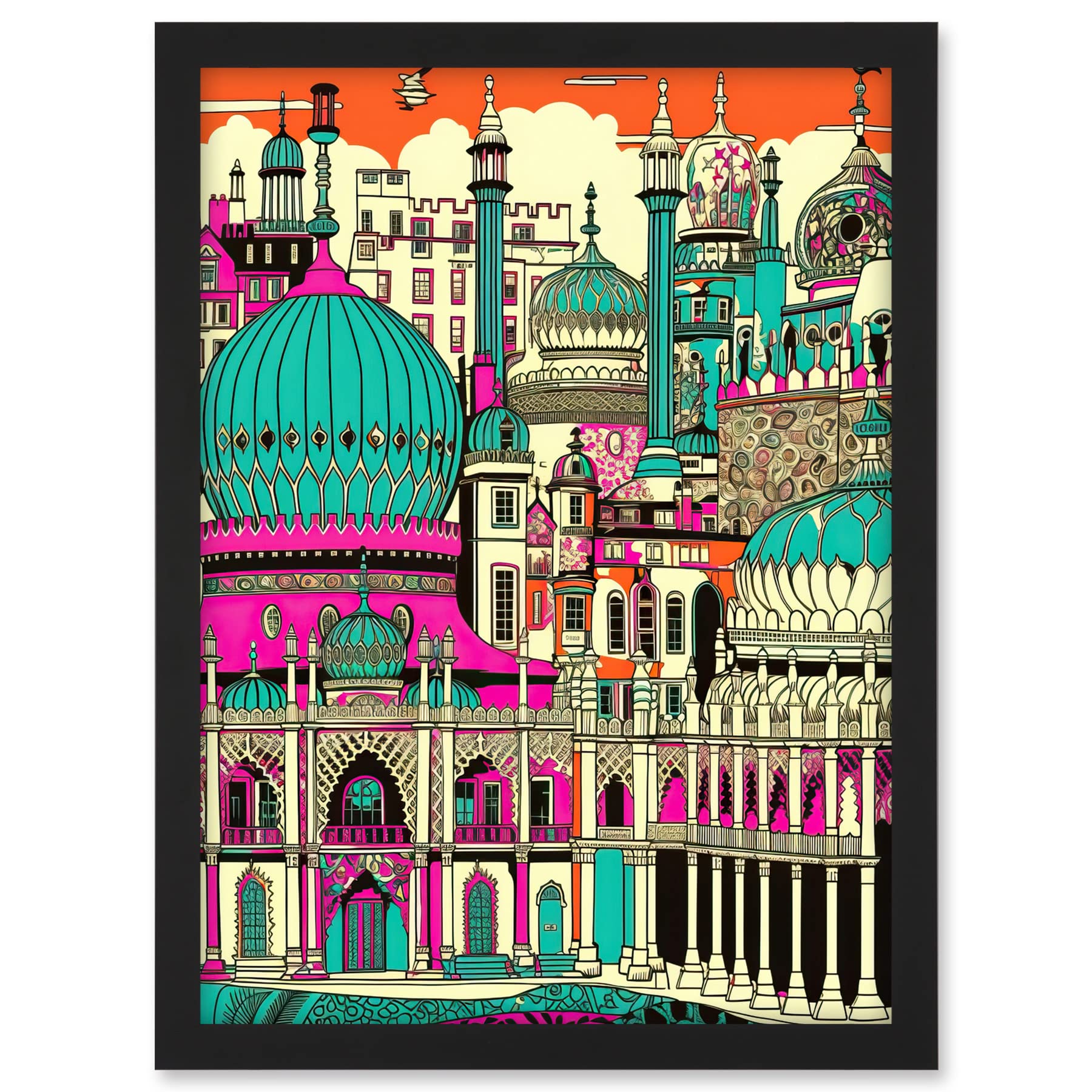 Artery8 Brighton Royal Pavilion Palace Vibrant Detailed Artwork Framed A3 Wall Art Print