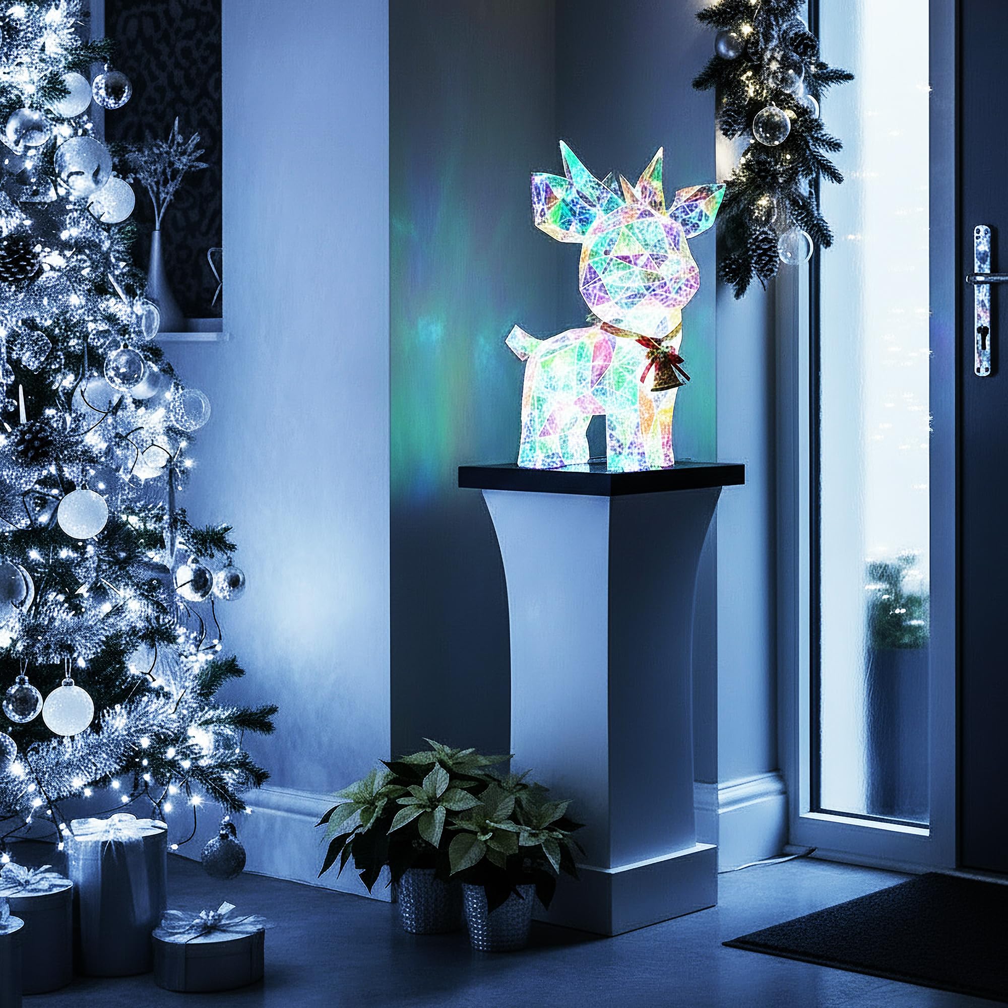 Arnusa Beleuchtetes Rentier LED Kristall-Optik 41 cm – kaltweiß leuchtende Weihnachtsdekoration für Innen & Terrasse – Netzteil mit Timer 6 h – Festliche Winterdeko Weihnachtsbeleuchtung