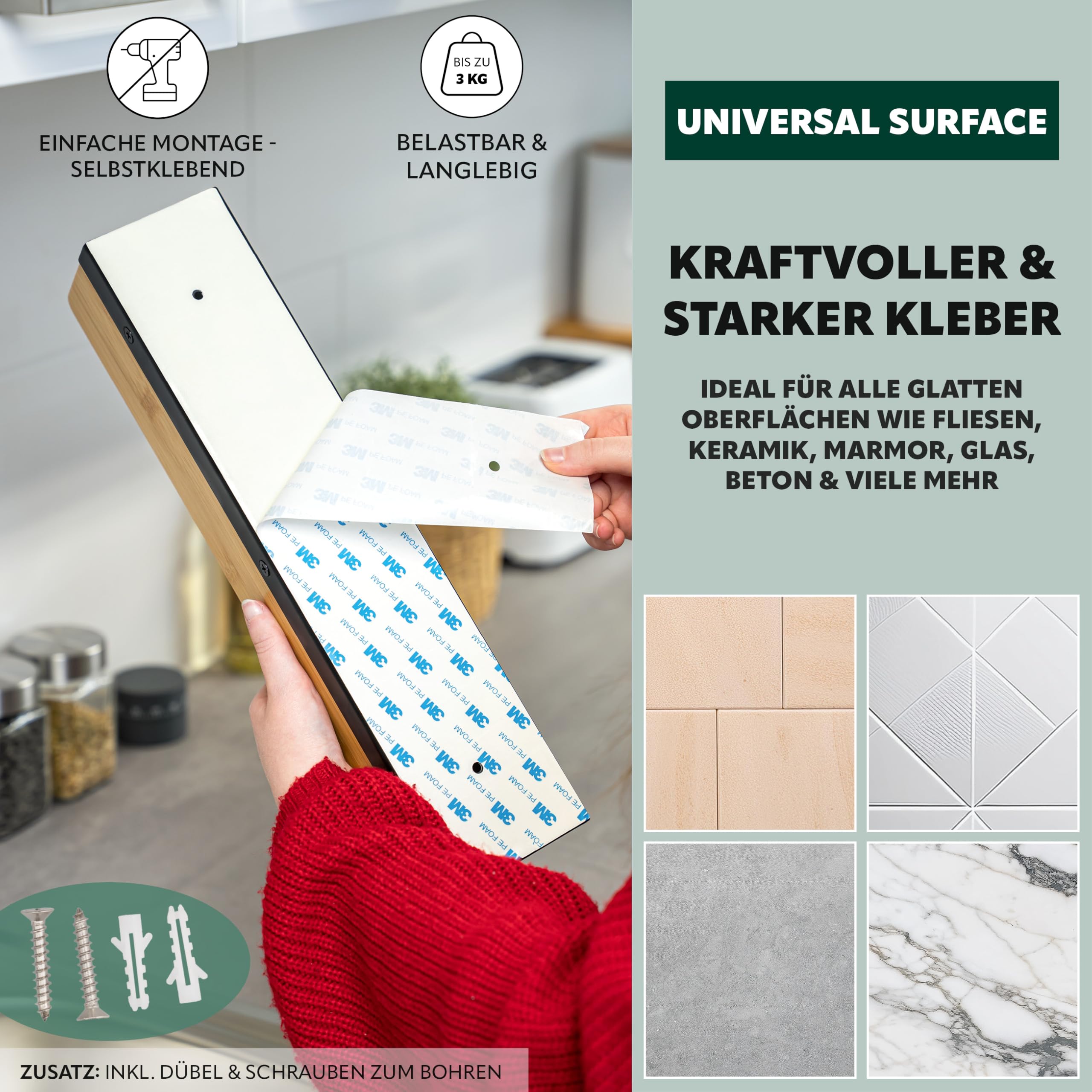 eluno Gewürzregale 2er Set mit Bambusboden, platzsparende Gewürzhalter zur Wandmontage zum Kleben oder zum Bohren - Regale schaffen mehr Ordnung auf der Arbeitsfläche, aus Metall (Schwarz)
