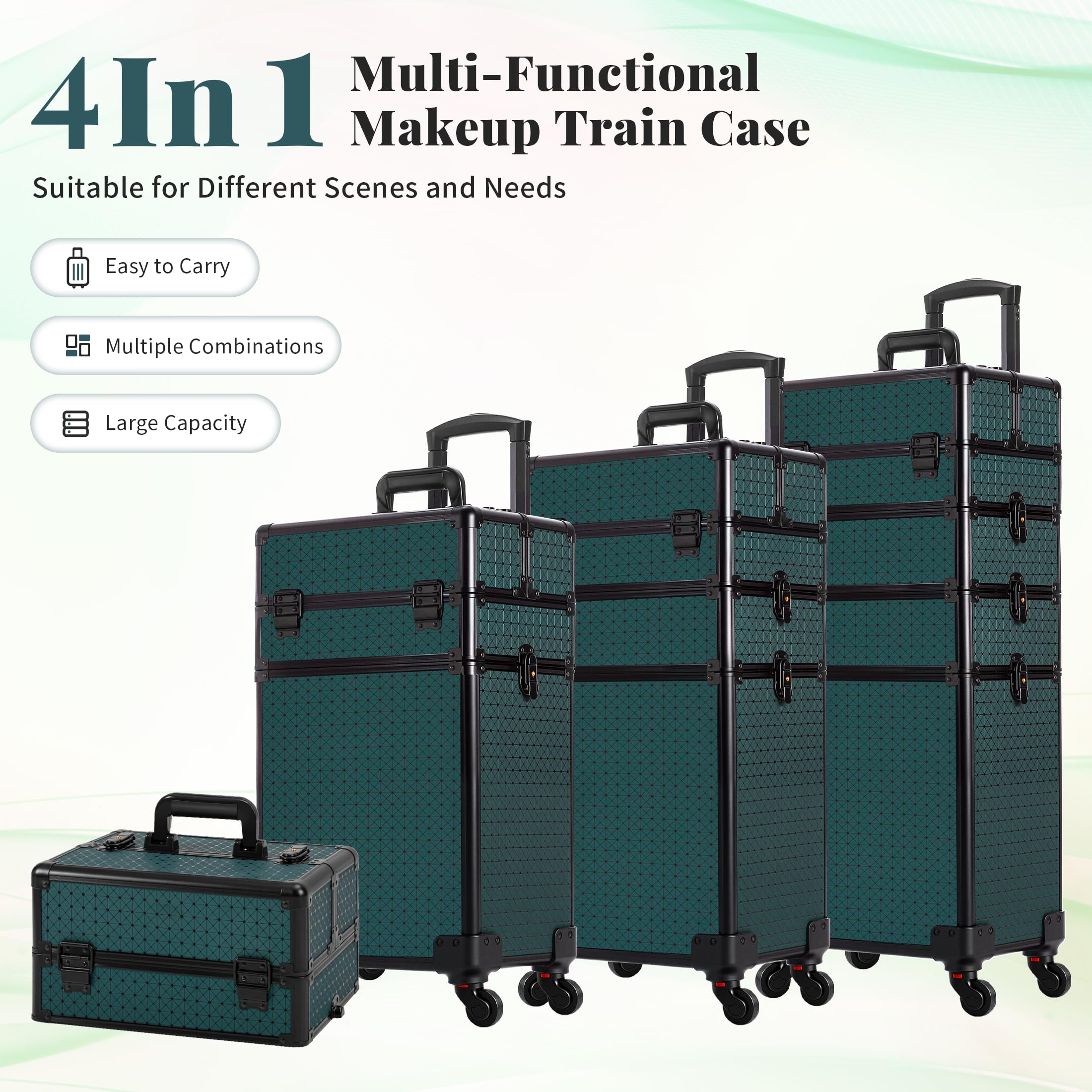 Arous 4-in-1 Professioneller Make-up-Zugkoffer, multifunktionaler Kosmetikwagen mit 360° drehbaren Rädern, Schlüsseln, großer Stauraum, Reisewagen, Kosmetik-Zugkoffer für Nageltechniker