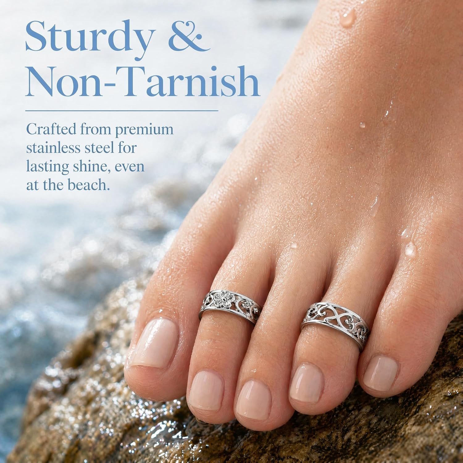 2Pcs Silver Toe Ring Adjustable Open Cuff Toe Rings for Women Stainless Steel Flower Band Foot Jewelry Non Tarnish Beach Accessories for Toes Summer Wear Set