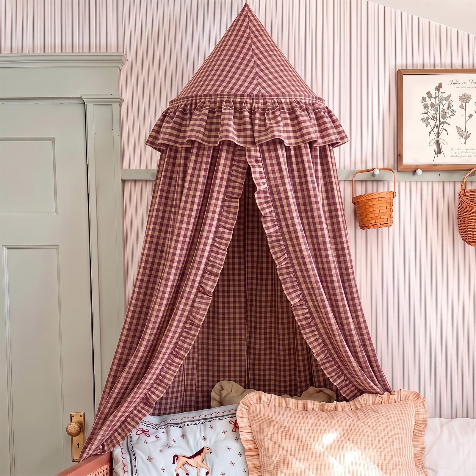 SmoothNovelty Gingham Plaid Bed Canopy with Ruffles Soft Vintage Style Decorative Tent for Reading Nook Play Area or Adult Bedroom Circus Tent Canopy(Red Yellow,Round)