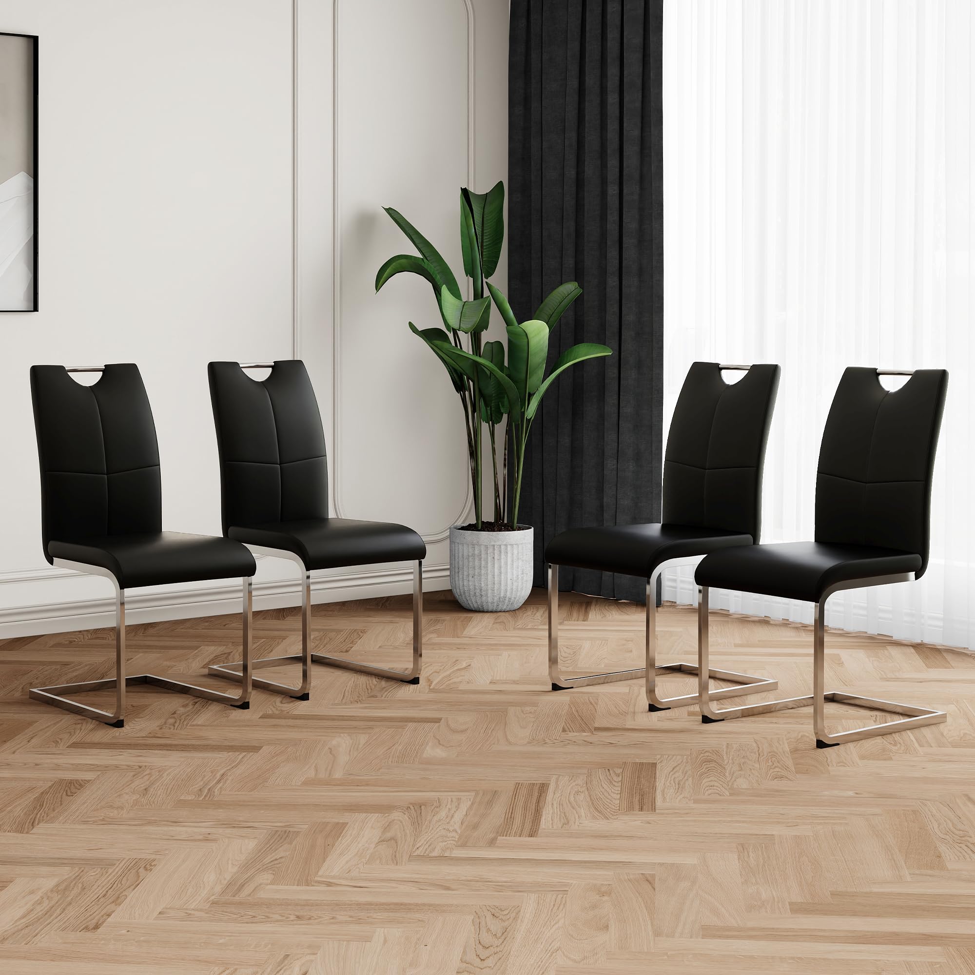 SVRCK Modern Dining Chairs Set of 4 with Leather Padded Seat and Chrome Metal Legs for Kitchen and Living Room, Black and Silver