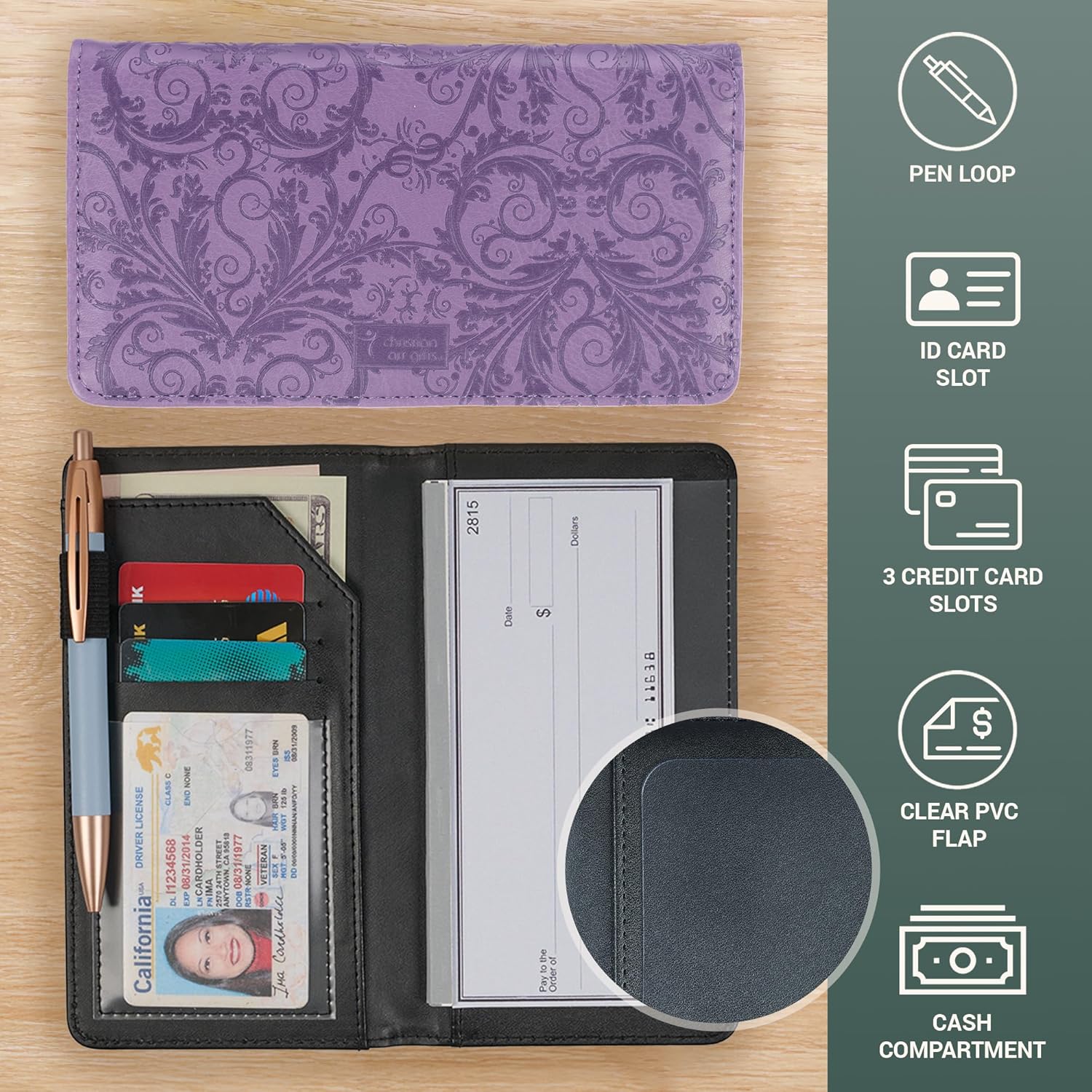 Christian Art Gifts Purple Faux Leather Checkbook Cover for Women with Inspirational Scripture - Be Still - Bi-fold Checkbook Cover for Duplicate Checks ID Credit Cards & Pen Loop Holder - Psalm 46:10 - Image 4