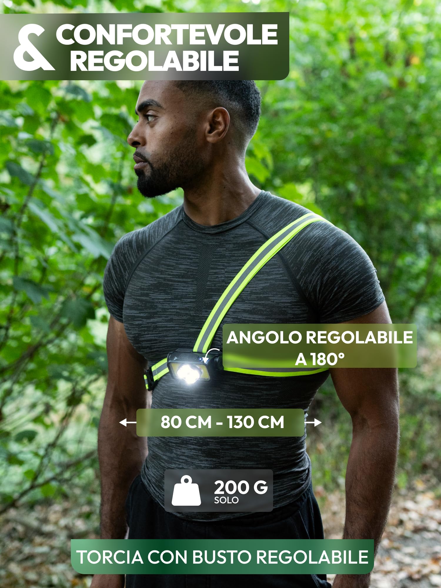 Lampada Pettorale Running LED Ricaricabile – Visibilità 360° Anteriore e Posteriore – Imbracatura Leggera Regolabile – Sicurezza Notturna per Corsa, Camminata e Bici