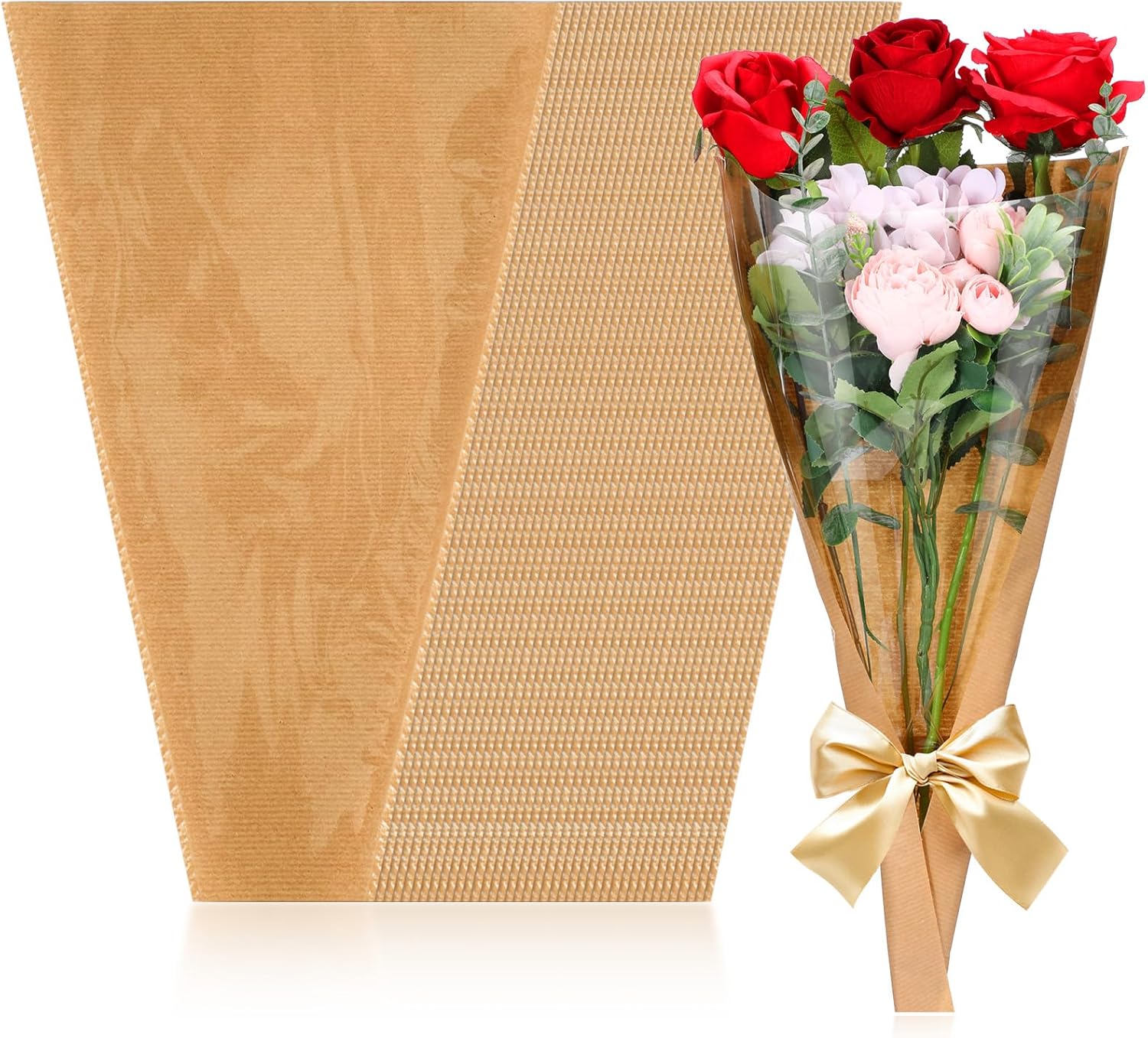 Qilery 100 Pcs Flower Bouquet Wrapping Paper Kraft Flower Bouquet Gift Bags Bulk Bags for Bridal Shower Wedding Graduation Anniversary Birthday Mother's Day 11 x 3.5 x 17.3 Inch(Brown)