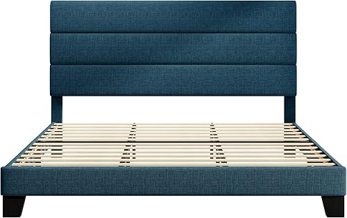 Miniatura 28 de HOOMIC Base de cama de tamaño matrimonial con cabecero, plataforma tapizada de tela con soporte de listones de madera fuerte, base de colchón, no