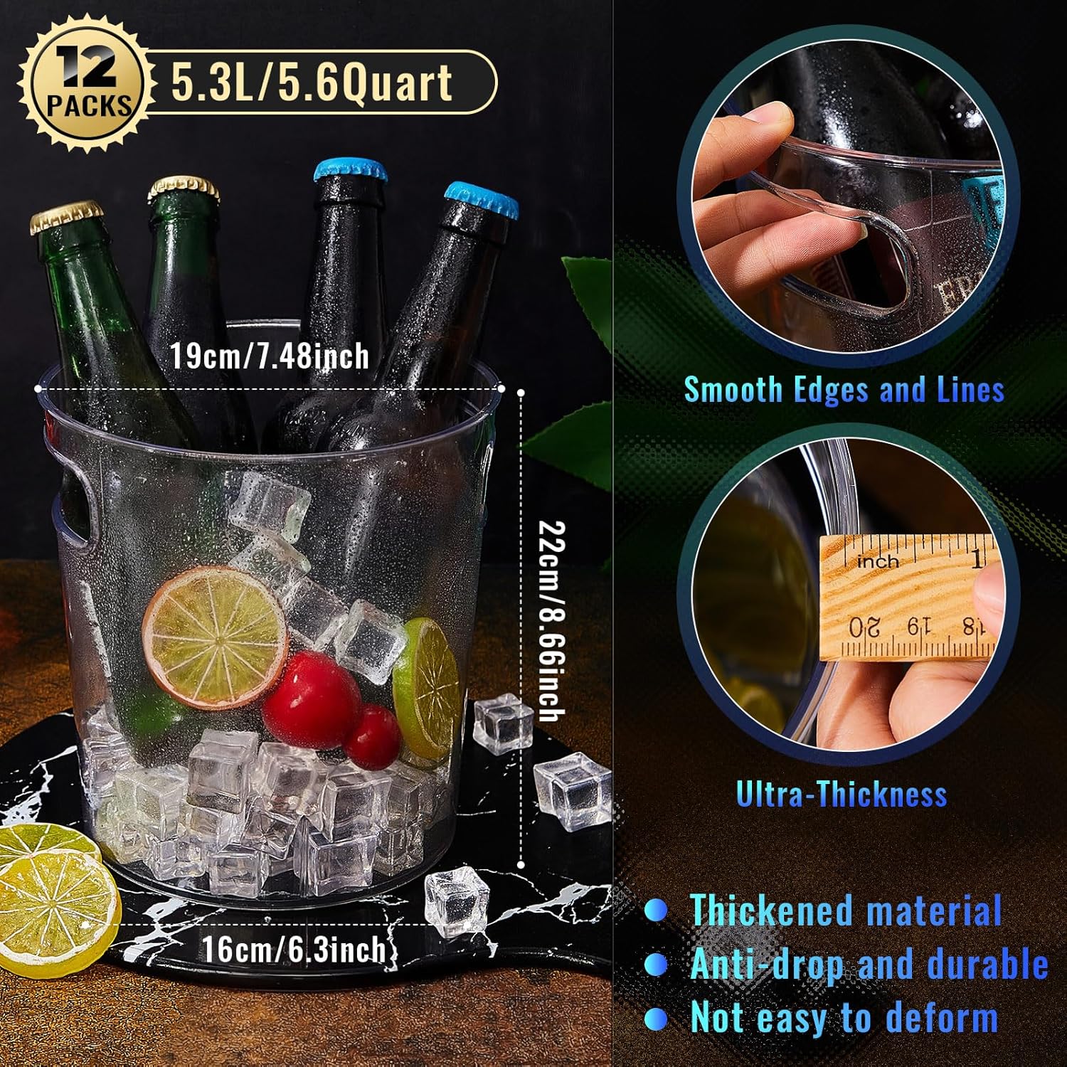 Tessco for you 12 Pack Plastic Ice Buckets Clear Champagne Beer Bucket Cooler with Built in Handle Stackable Beverage Tubs Wine Chiller Bin for Party BBQ Bar Wedding Pool Outdoor Event (5.3L/5.6Quart)
