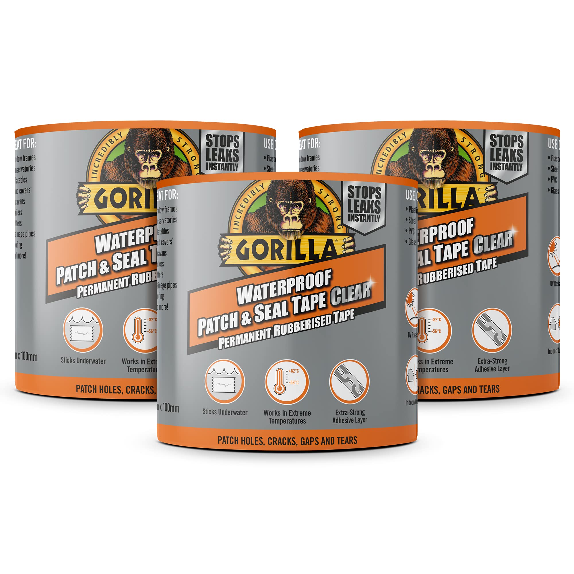 Gorilla 3044751 Waterproof Patch & Seal Tape Clear 2.4m (3 Pack)