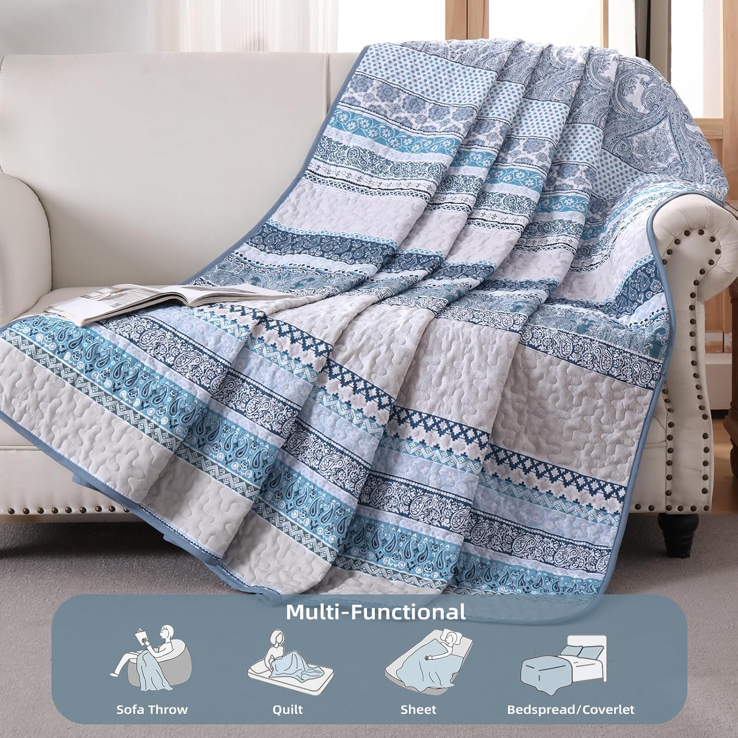 WONGS BEDDING Boho Quilt Set King Size, Blue Bohemian 3 Pieces Quilt Sets, Lightweight Bedspread Coverlet Bedding Set for All Season (104"x90") - Image 3