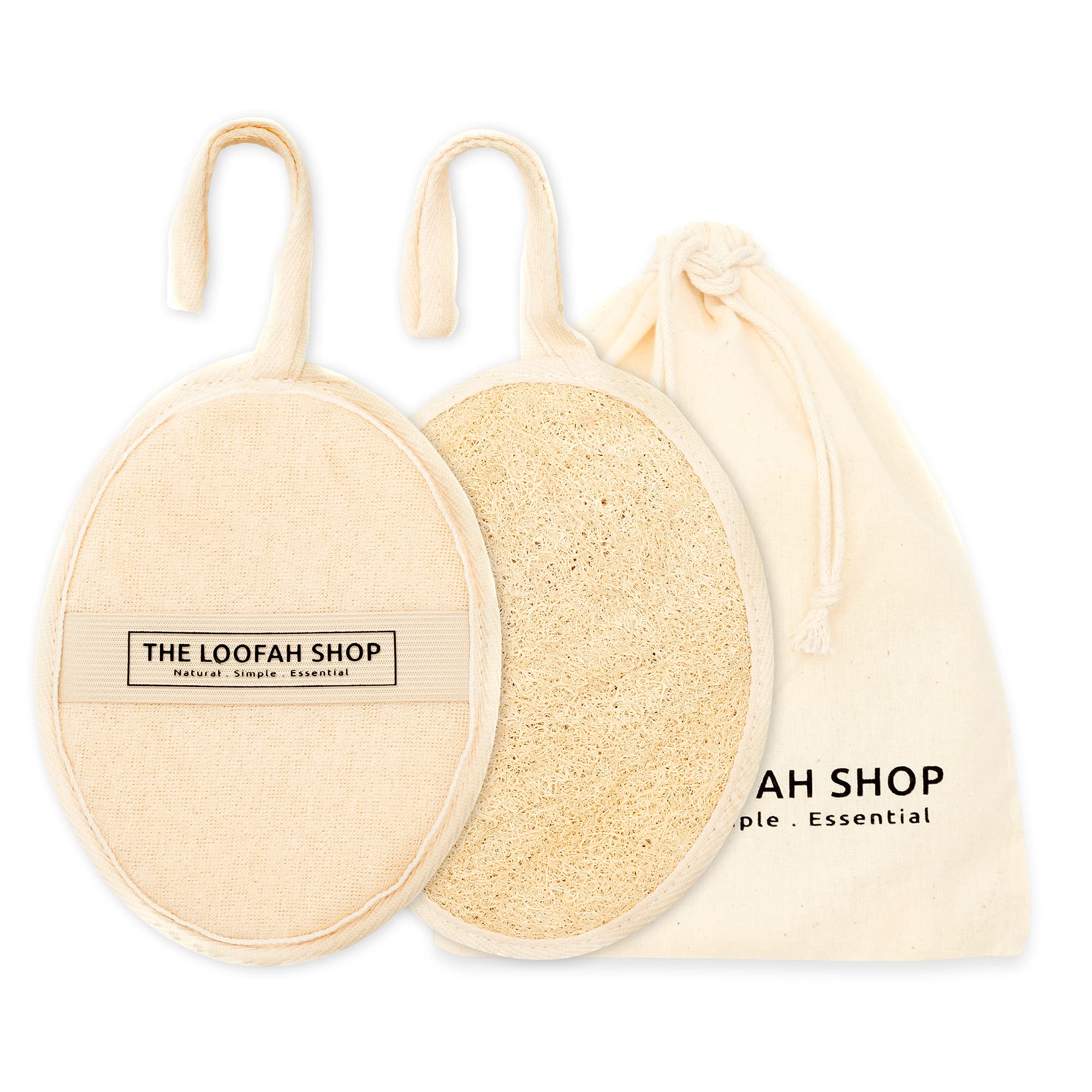 Bath Loofah Sponge, Exfoliating Body Scrubber, Shower Luffa for Men, Women and Kids Made of Eco-Friendly Natural Egyptian Loofah with Cotton Travel Pouch, 7" x 5.25" (1pack 2pcs)