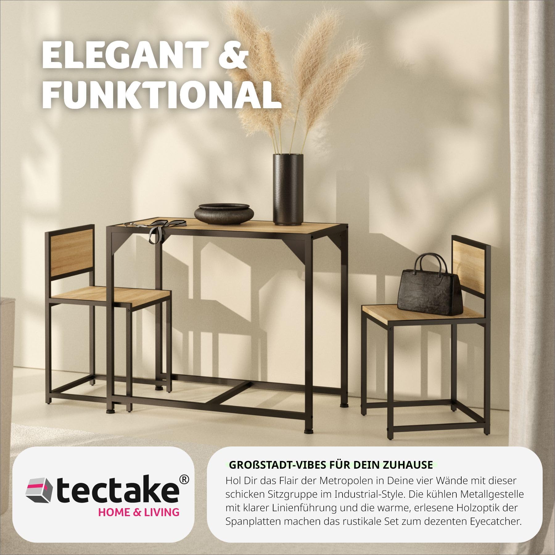 tectake Sitzgruppe 3-teilig im Industrie-Design, Essgruppe für 2 Personen aus Holz + Metall, Esszimmer Set mit Esstisch und 2 Stühlen, schwarzes Metallgestell (Industrial Holz hell, Eiche Sonoma)